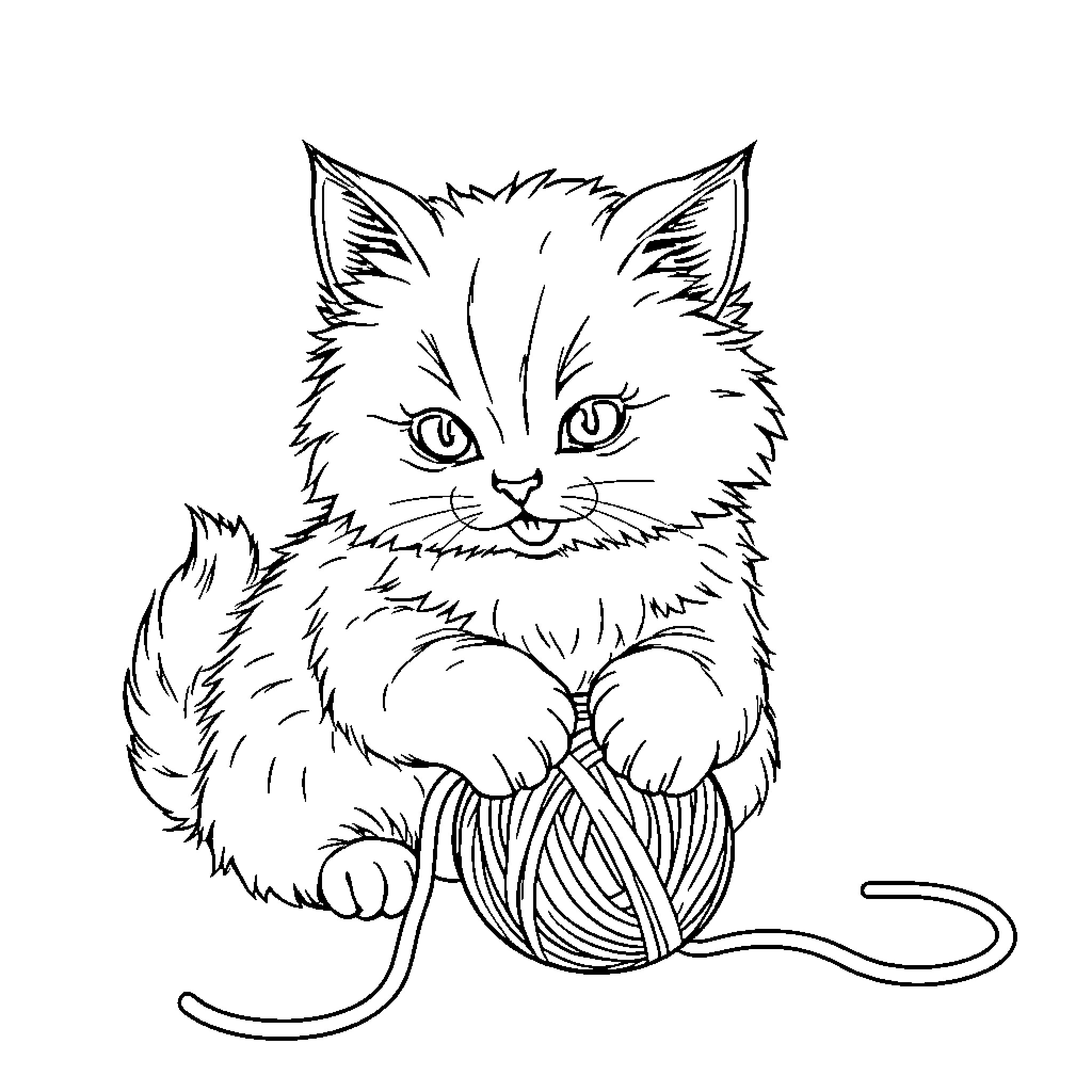 Cat playing with a ball of yarn Coloring Page (free black-and-white line drawing printable PDF for all, from beginners to advanced learners, including children, teens, adults, and seniors)