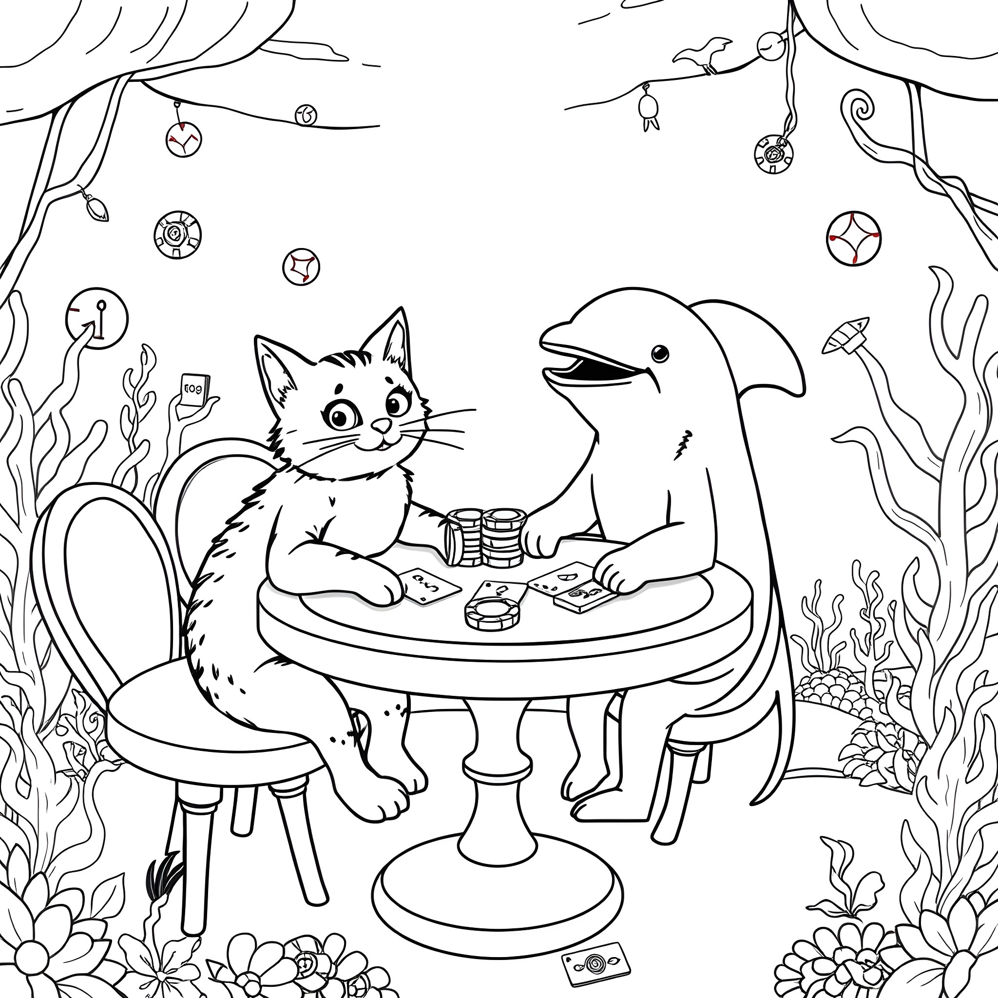 Cat enjoying tea party with dolphin friend Coloring Page (free black-and-white line drawing printable PDF for all, from beginners to advanced learners, including children, teens, adults, and seniors)