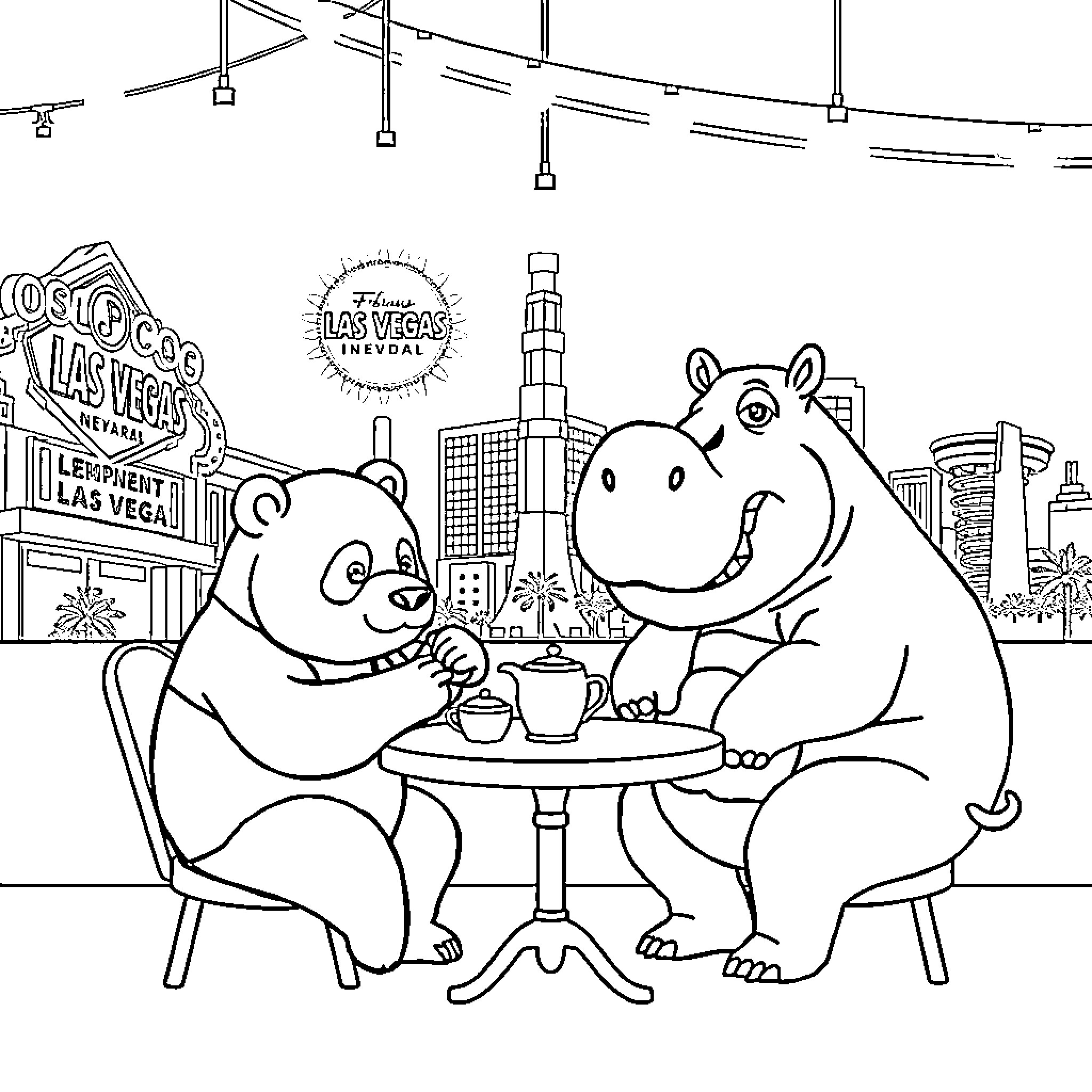 Panda friends enjoying coffee in Las Vegas Coloring Page (free black-and-white line drawing printable PDF for all, from beginners to advanced learners, including children, teens, adults, and seniors)