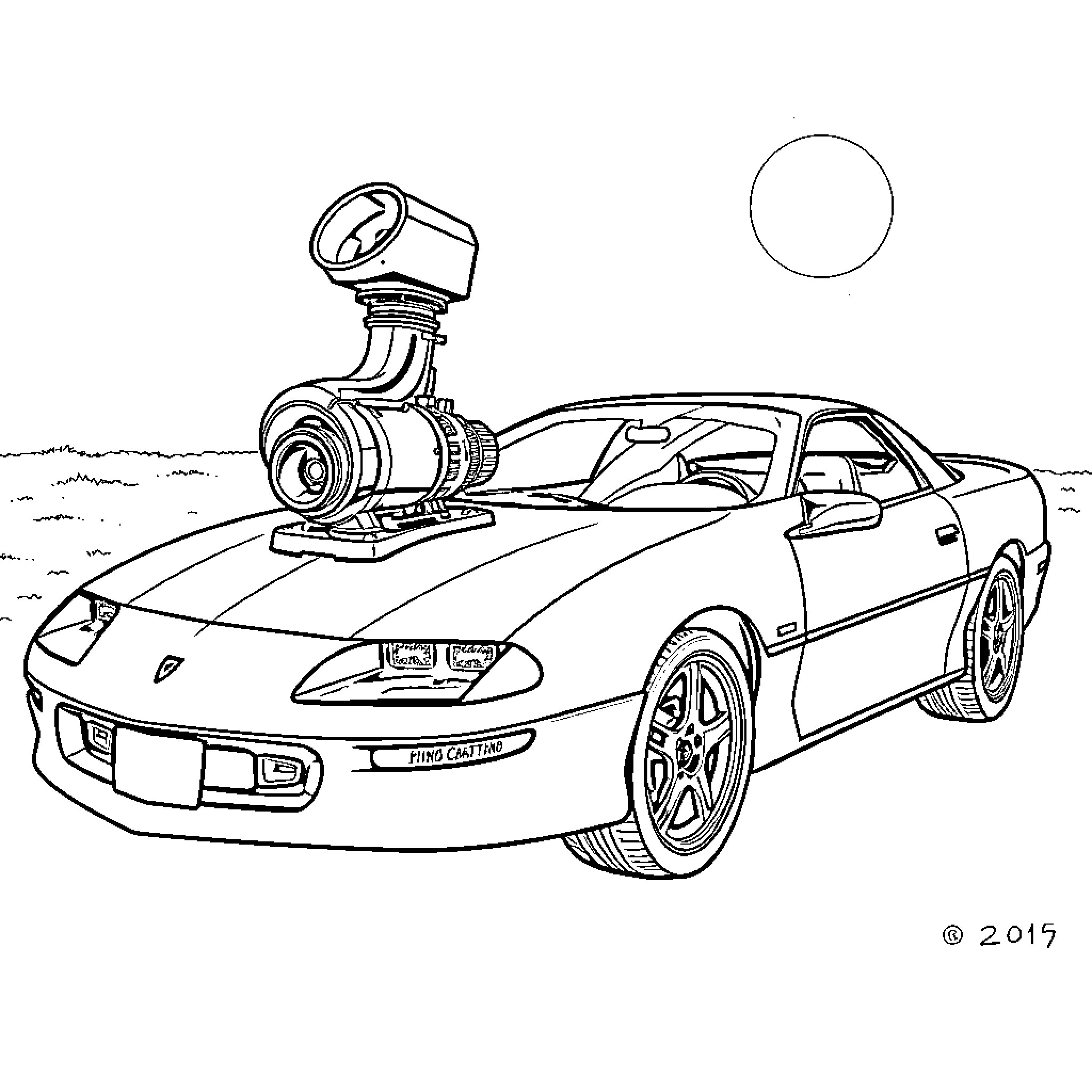Camaro with a Spotlight on the Road Coloring Page (free black-and-white line drawing printable PDF for all, from beginners to advanced learners, including children, teens, adults, and seniors)