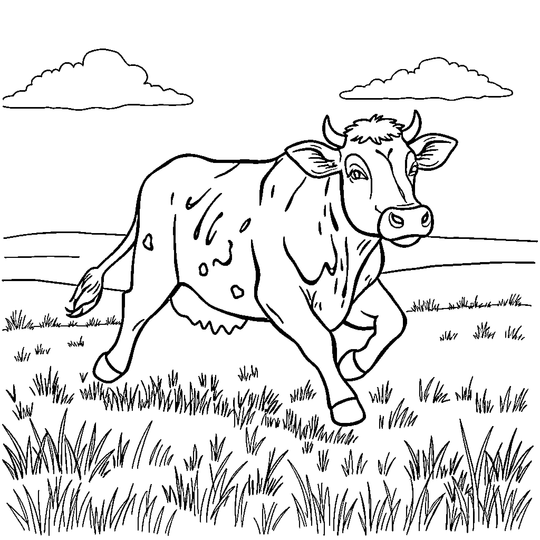 Cow running happily through the countryside Coloring Page (free black-and-white line drawing printable PDF for all, from beginners to advanced learners, including children, teens, adults, and seniors)