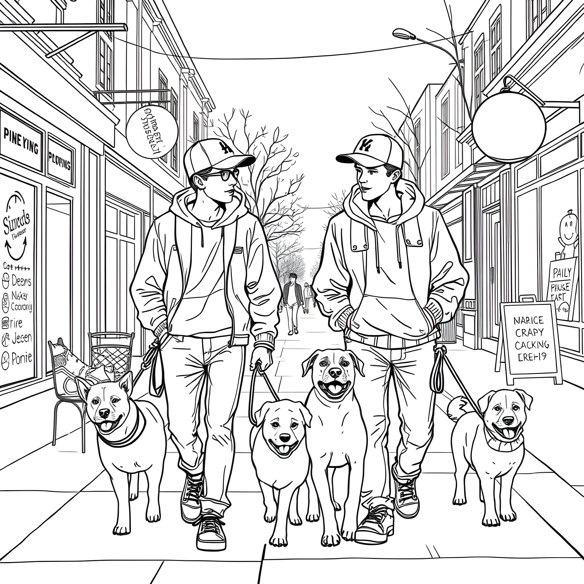 Boy and friends walking their dogs in the city Coloring Page (free black-and-white line drawing printable PDF for all, from beginners to advanced learners, including children, teens, adults, and seniors)