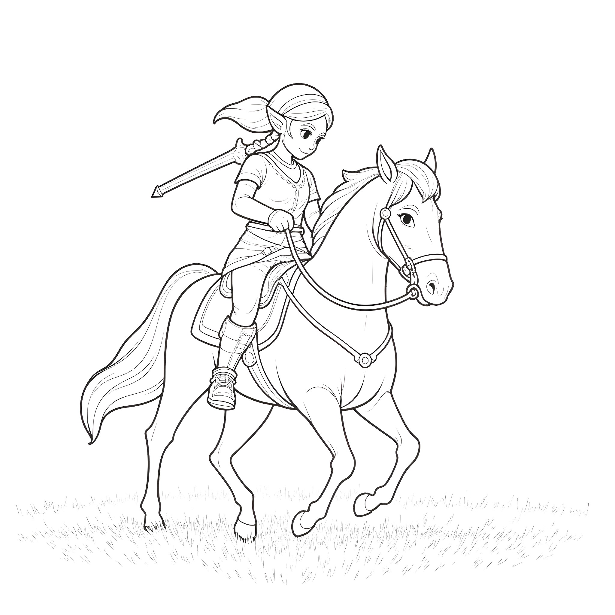 Zelda riding a horse on an adventure Coloring Page (free black-and-white line drawing printable PDF for all, from beginners to advanced learners, including children, teens, adults, and seniors)