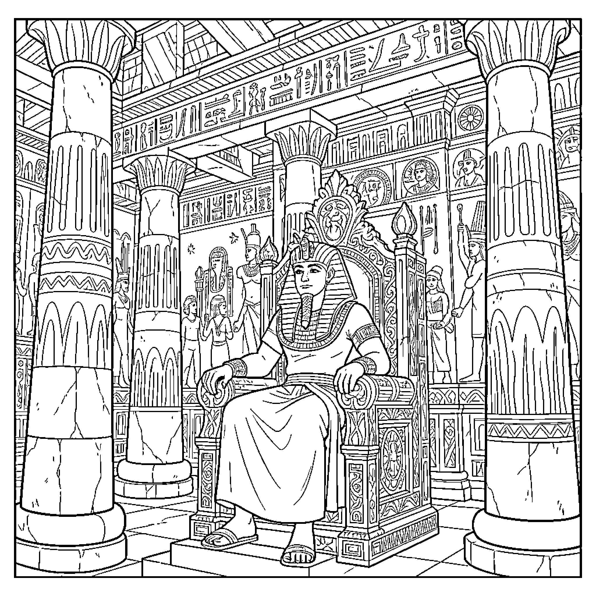 Pharaoh seated on ornate throne in grand temple Coloring Page (free black-and-white line drawing printable PDF for all, from beginners to advanced learners, including children, teens, adults, and seniors)