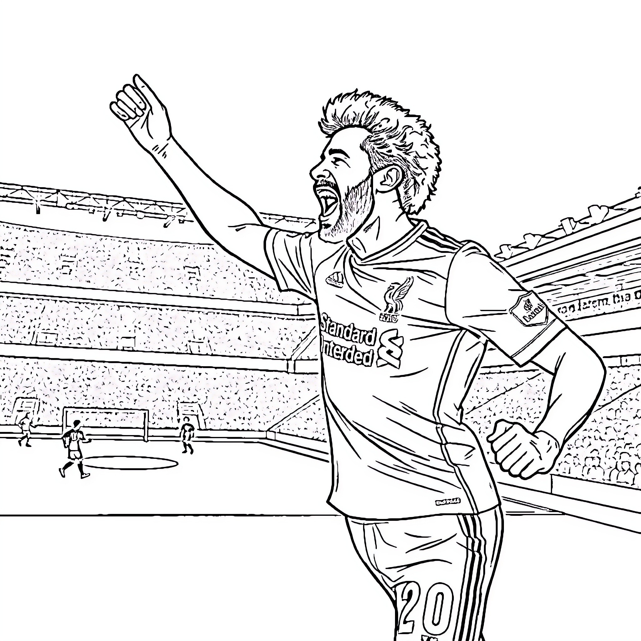 Mo Salah Celebrating Joyfully on the Pitch Coloring Page (free black-and-white line drawing printable PDF for all, from beginners to advanced learners, including children, teens, adults, and seniors)