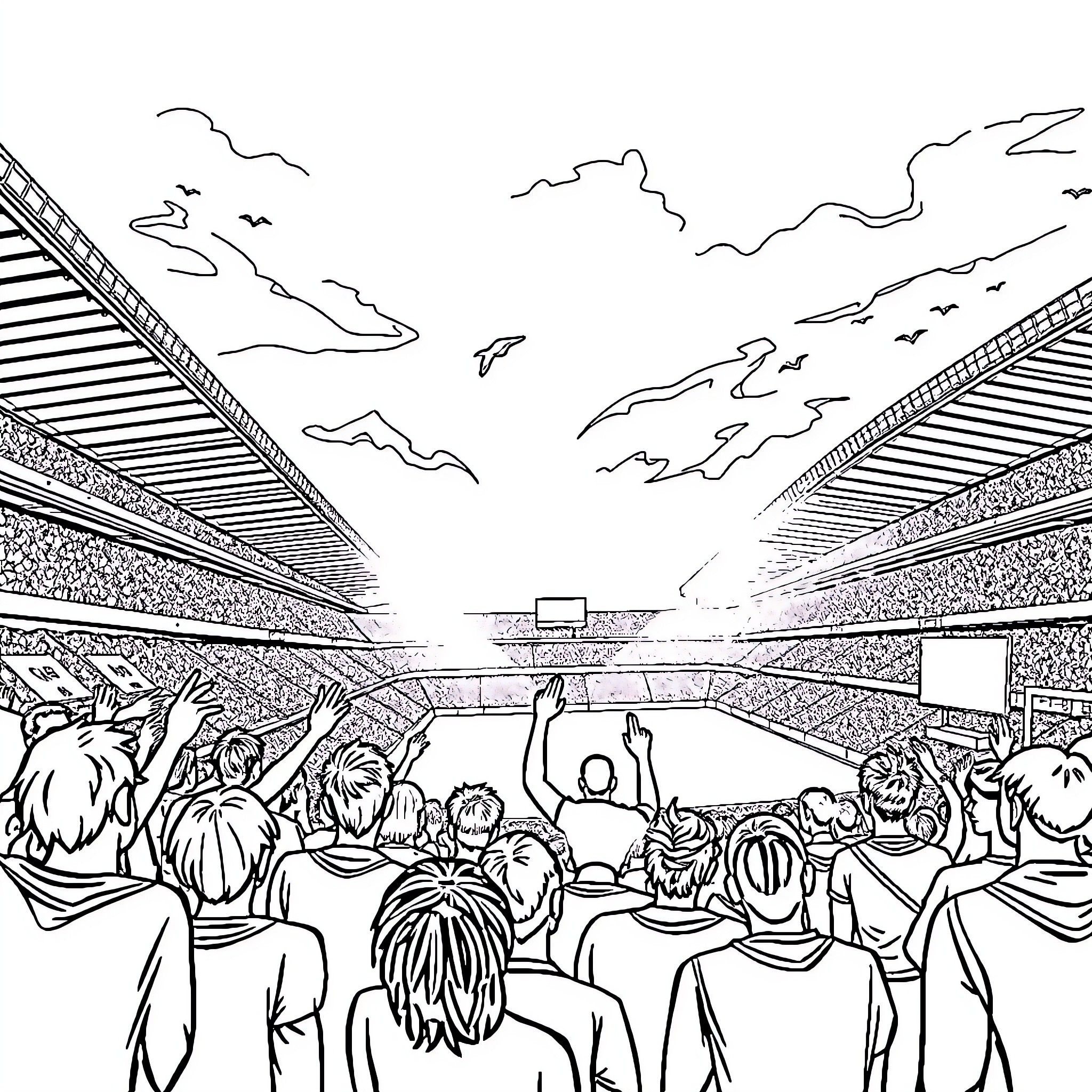 Direction of Spirited Crowds at Sporting Event Coloring Page (free black-and-white line drawing printable PDF for all, from beginners to advanced learners, including children, teens, adults, and seniors)