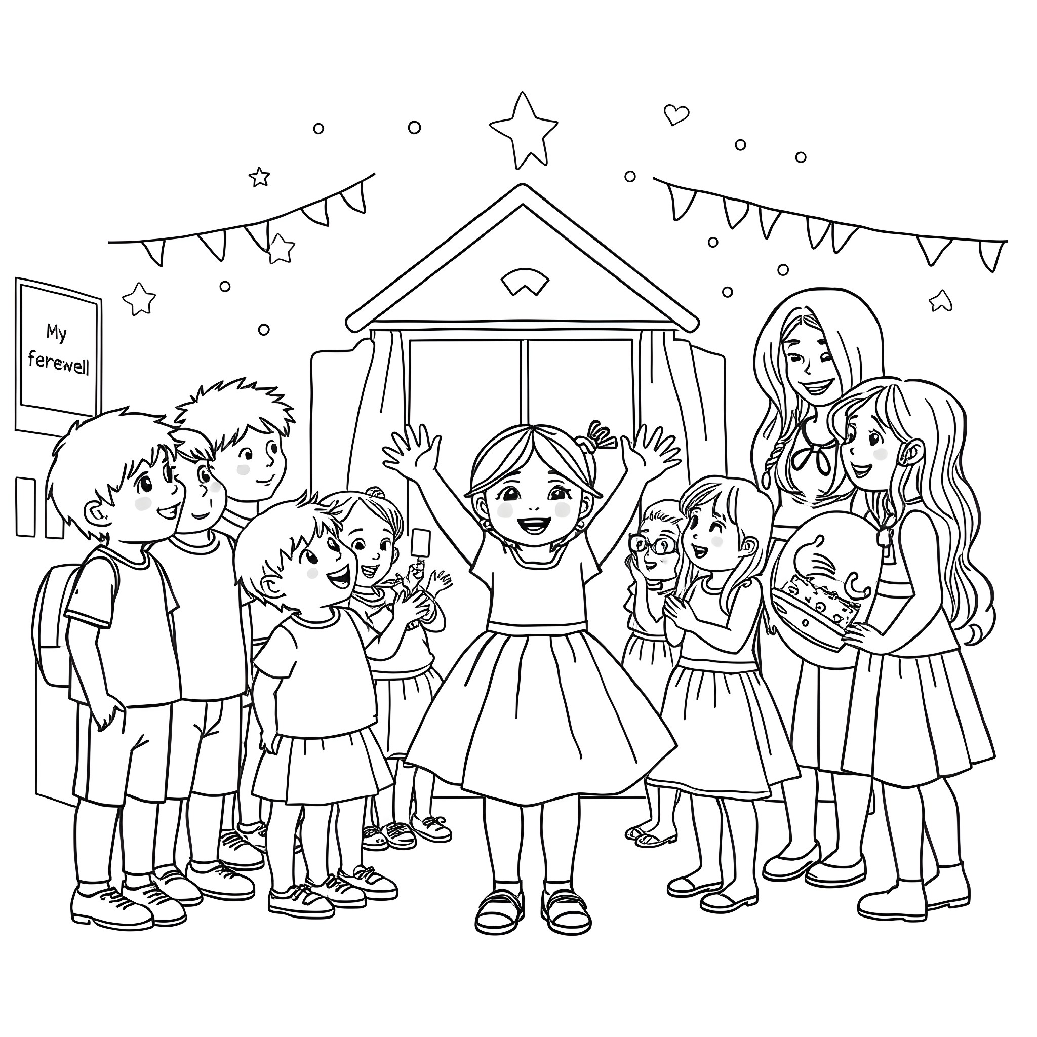 Child's farewell celebration with friends and family Coloring Page (free black-and-white line drawing printable PDF for all, from beginners to advanced learners, including children, teens, adults, and seniors)