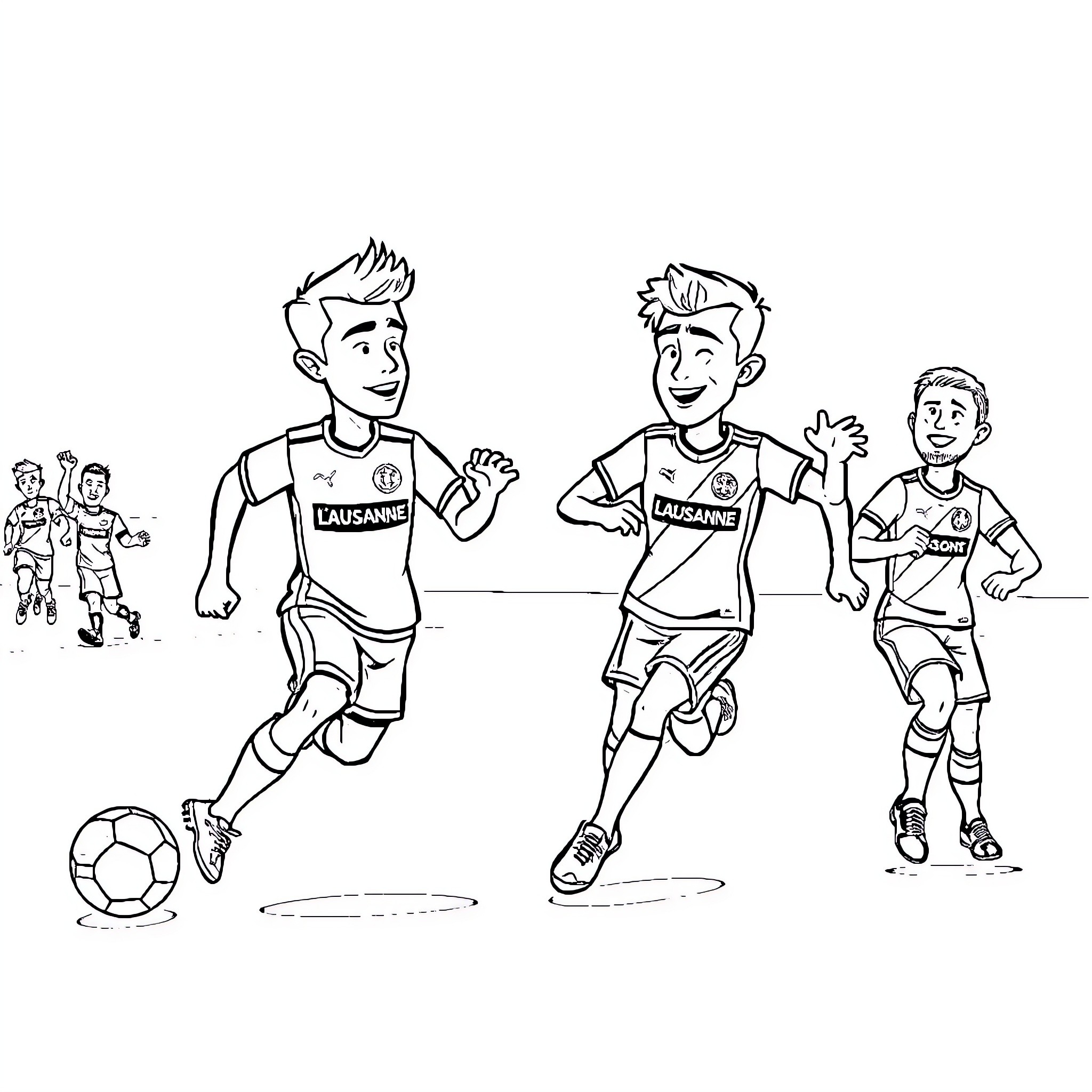 Lausanne Sport athletes in action on the field Coloring Page (free black-and-white line drawing printable PDF for all, from beginners to advanced learners, including children, teens, adults, and seniors)