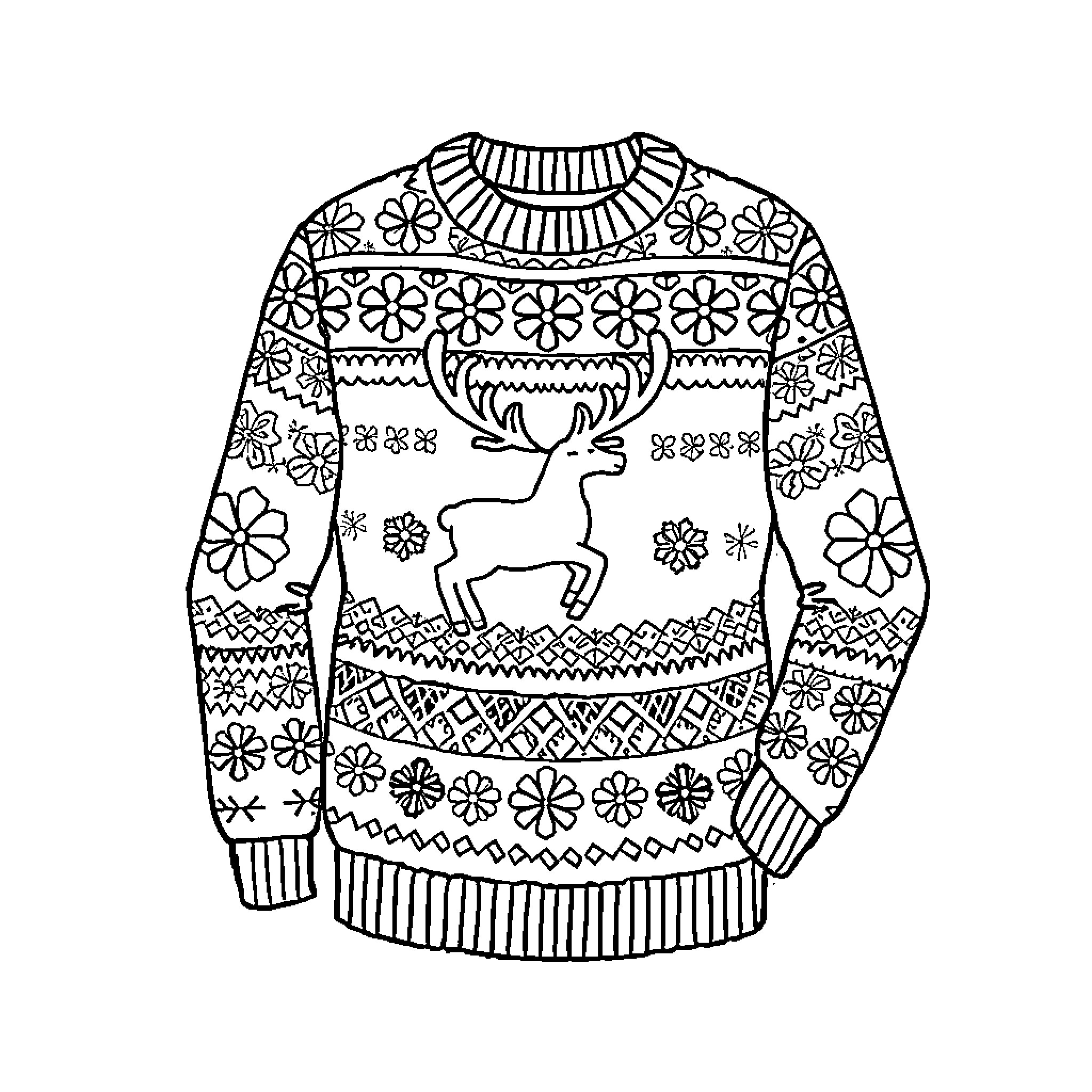 Sweater with Festive Deer and Floral Patterns Coloring Page (free black-and-white line drawing printable PDF for all, from beginners to advanced learners, including children, teens, adults, and seniors)