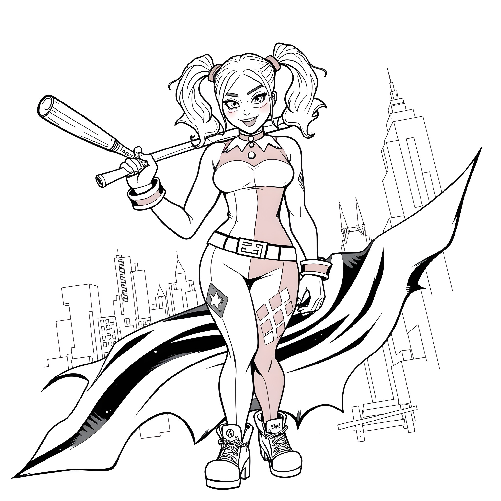 Harley Quinn's Mischievous Antics in the City Coloring Page (free black-and-white line drawing printable PDF for all, from beginners to advanced learners, including children, teens, adults, and seniors)