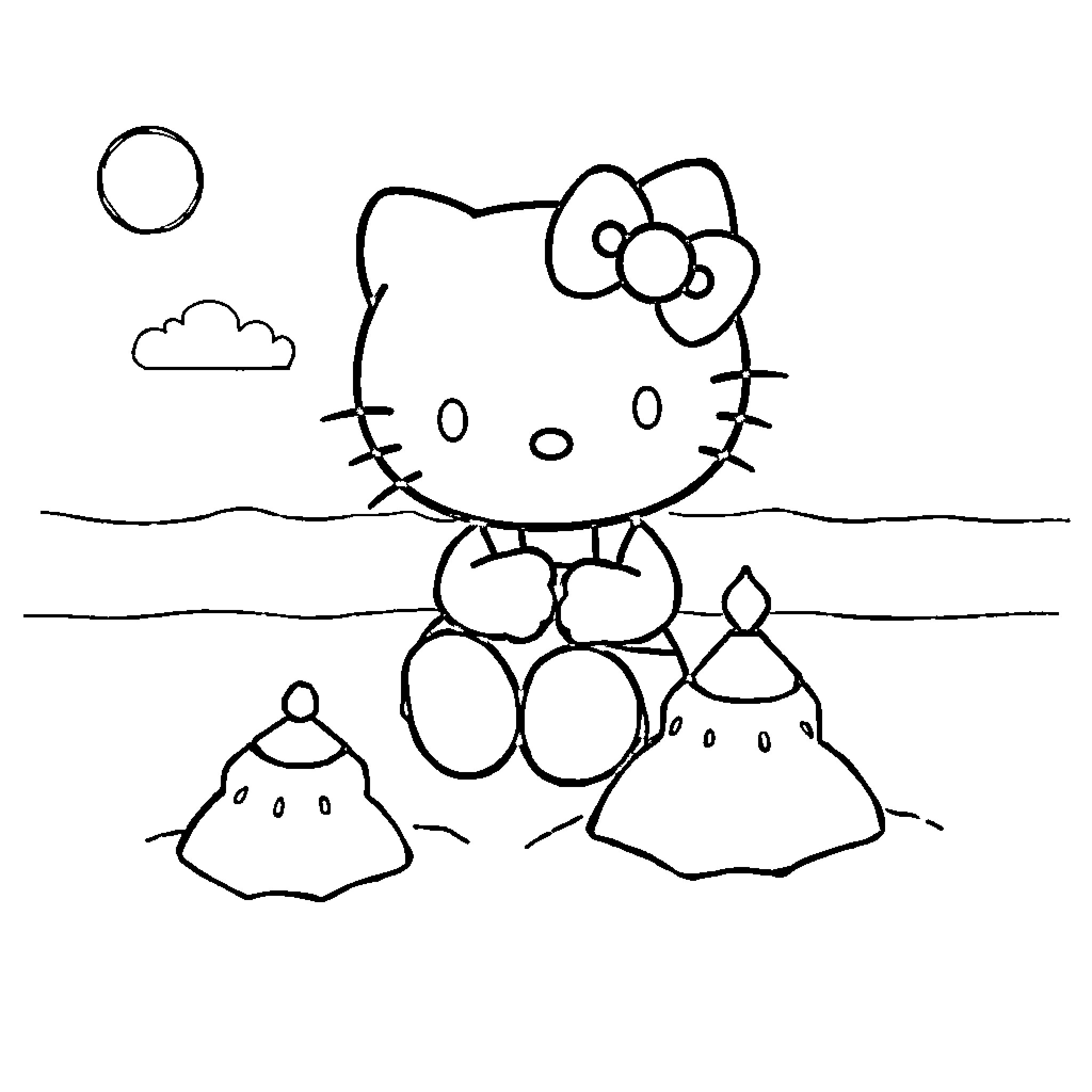 Hello Kitty playing on the beach Coloring Page (free black-and-white line drawing printable PDF for all, from beginners to advanced learners, including children, teens, adults, and seniors)