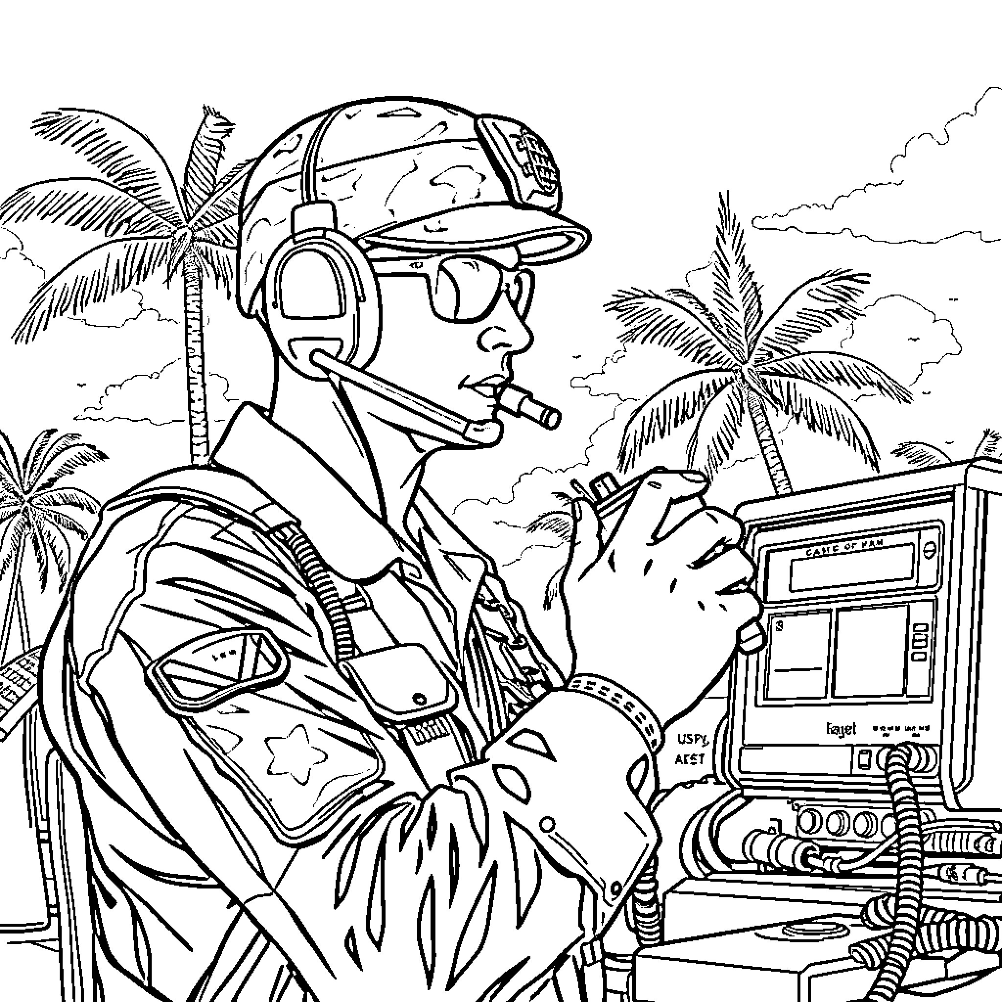 Radio Operator Communicating in Tropical Wilderness Coloring Page (free black-and-white line drawing printable PDF for all, from beginners to advanced learners, including children, teens, adults, and seniors)