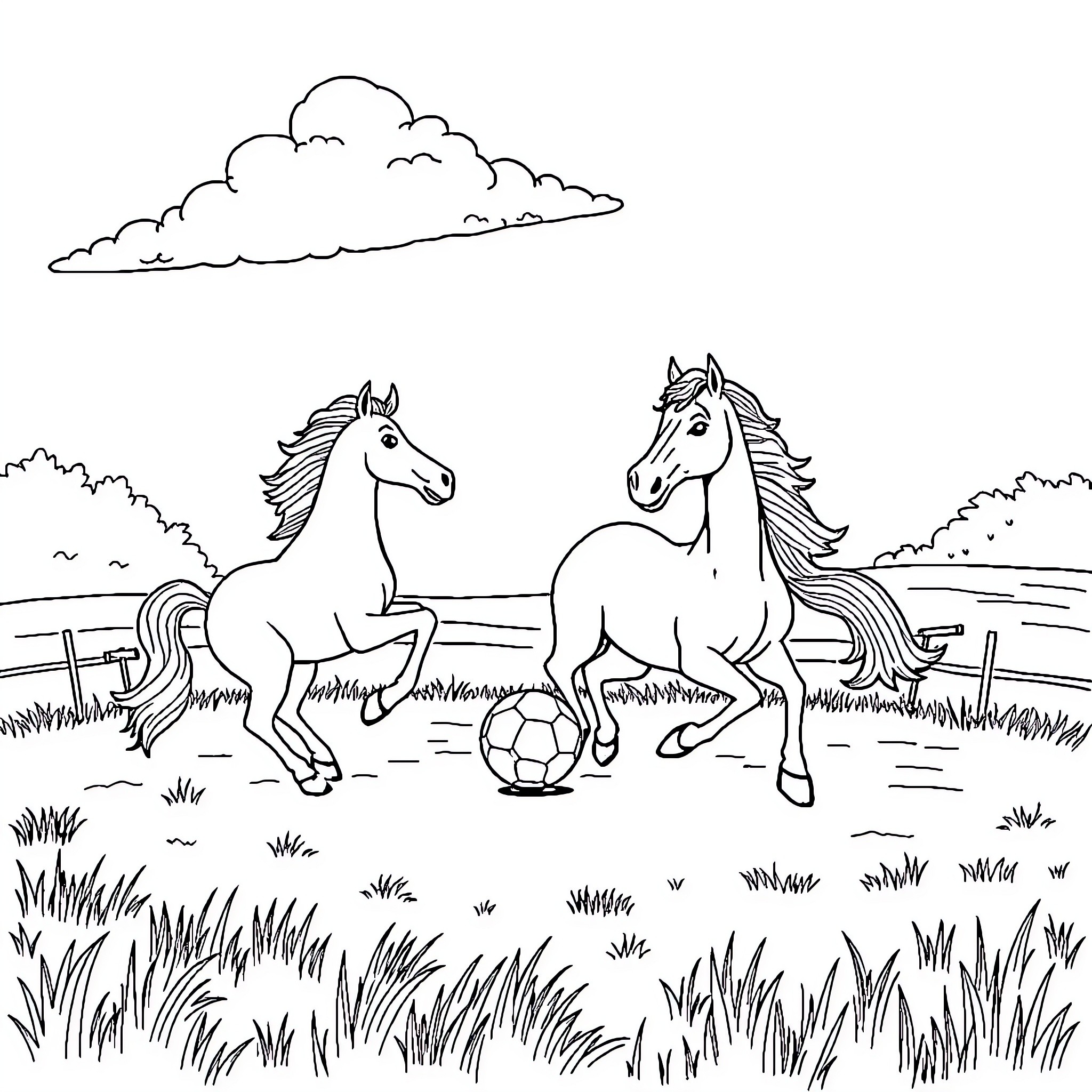 Goat Ponies Playing Soccer in Grassy Field Coloring Page (free black-and-white line drawing printable PDF for all, from beginners to advanced learners, including children, teens, adults, and seniors)