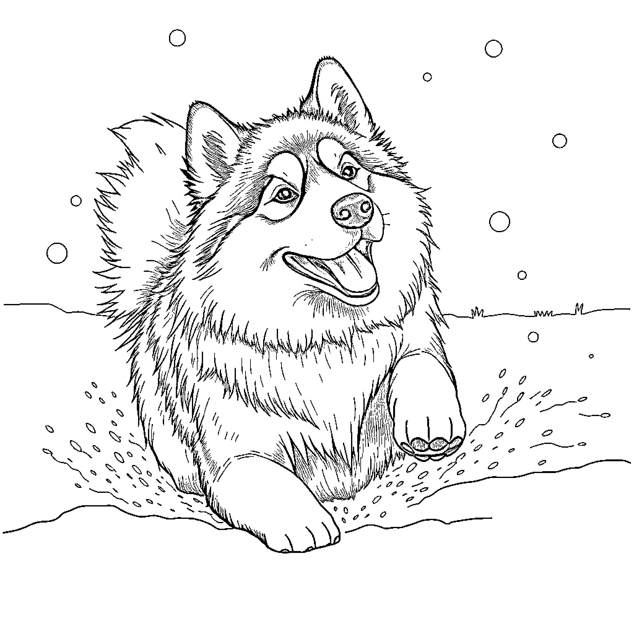 Malamute enjoying the snowy outdoors Coloring Page (free black-and-white line drawing printable PDF for all, from beginners to advanced learners, including children, teens, adults, and seniors)
