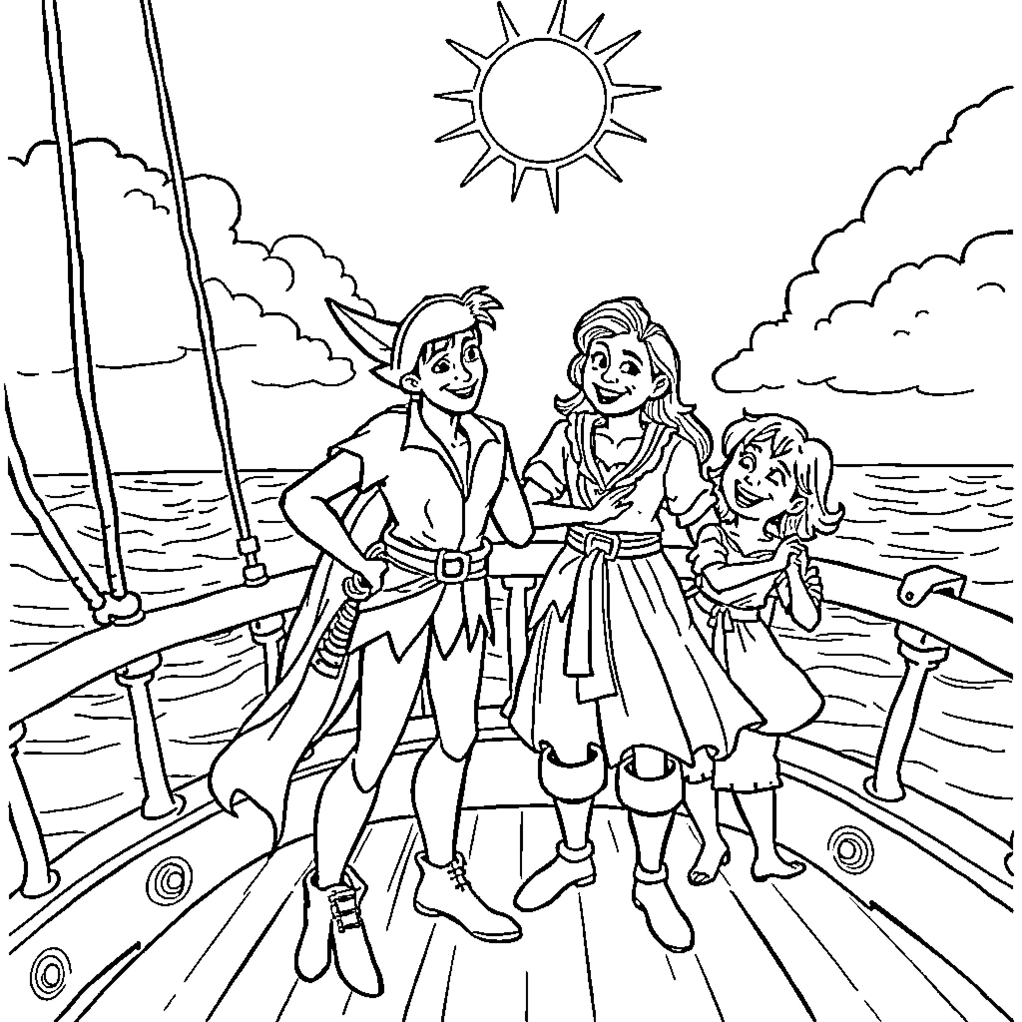 Wendy and her friends explore the seaside Coloring Page (free black-and-white line drawing printable PDF for all, from beginners to advanced learners, including children, teens, adults, and seniors)