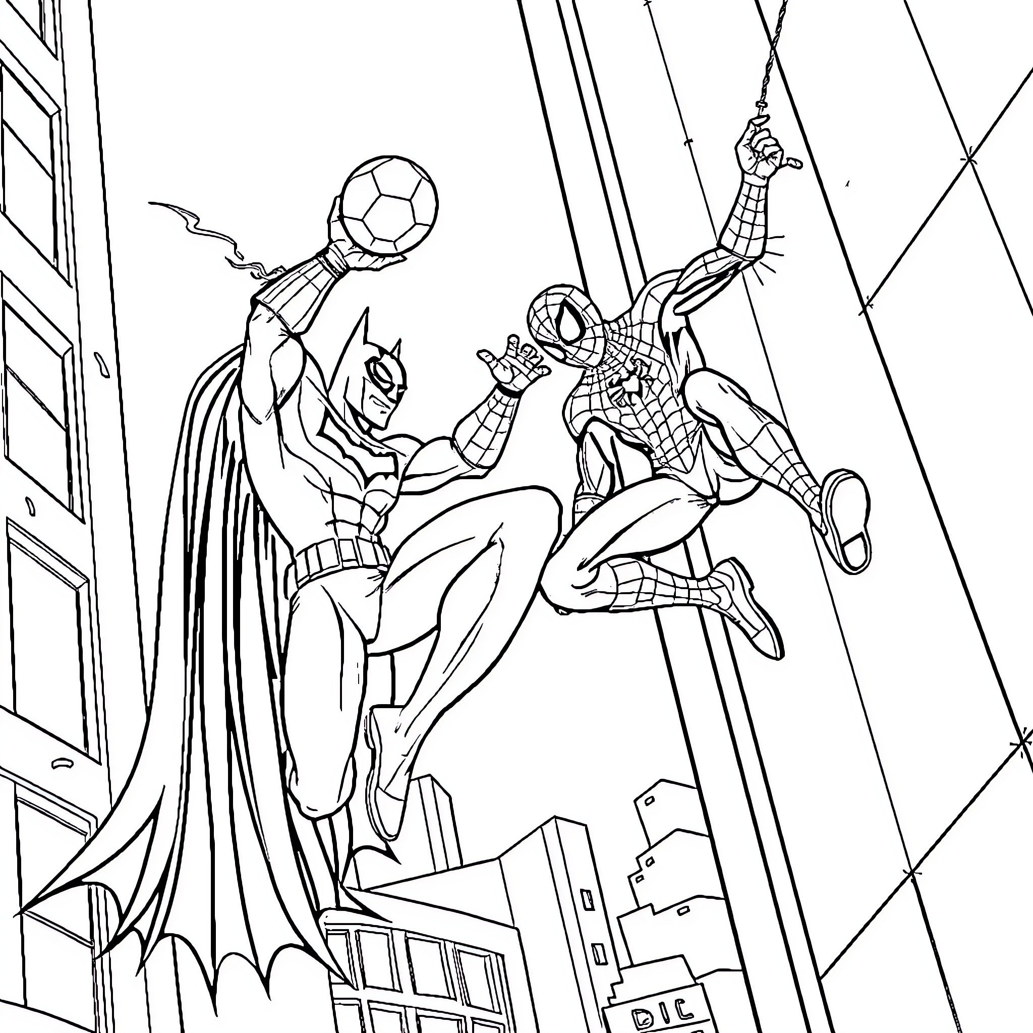 Spider-Man and Batman Engage in Heroic Battle Coloring Page (free black-and-white line drawing printable PDF for all, from beginners to advanced learners, including children, teens, adults, and seniors)