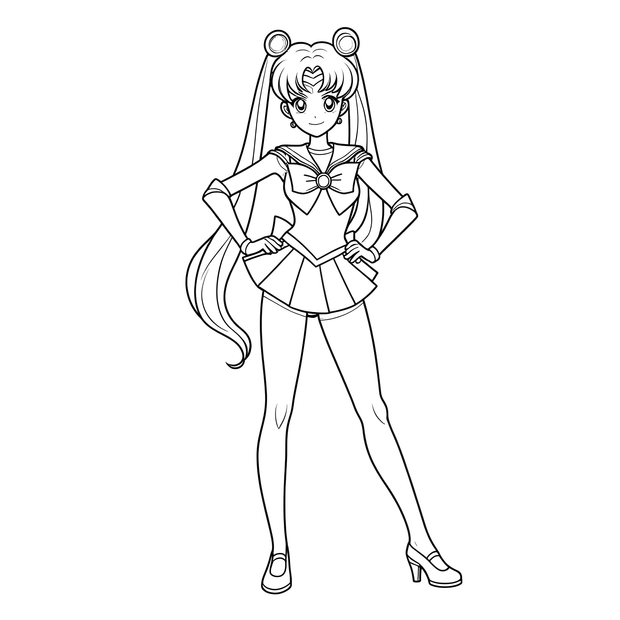 Sailor Moon character in classic sailor scout outfit Coloring Page (free black-and-white line drawing printable PDF for all, from beginners to advanced learners, including children, teens, adults, and seniors)