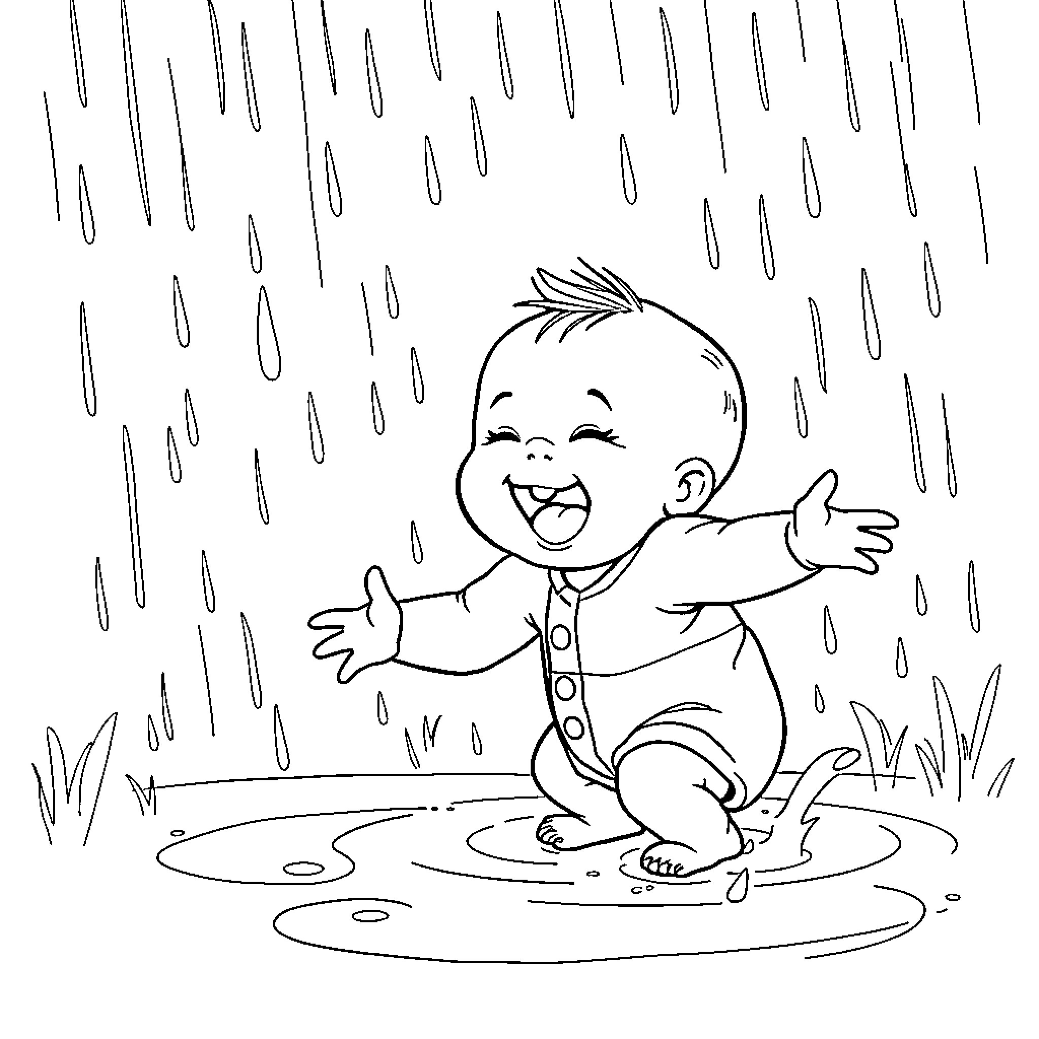 Baby enjoying the rain happily Coloring Page (free black-and-white line drawing printable PDF for all, from beginners to advanced learners, including children, teens, adults, and seniors)
