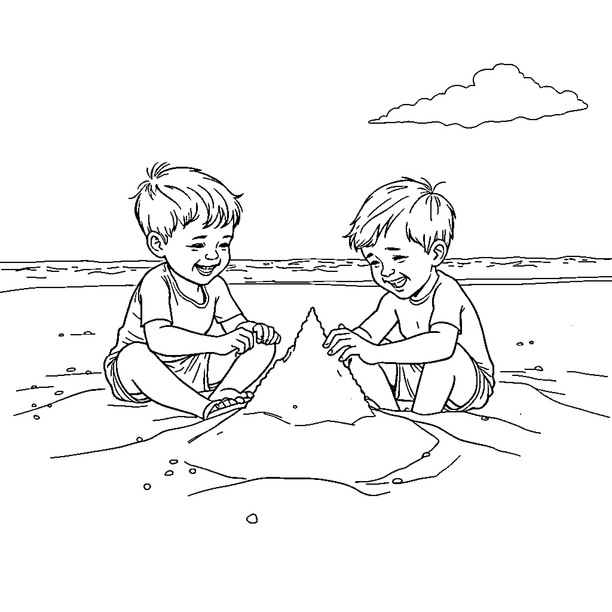 Boy building sandcastles at the beach Coloring Page (free black-and-white line drawing printable PDF for all, from beginners to advanced learners, including children, teens, adults, and seniors)