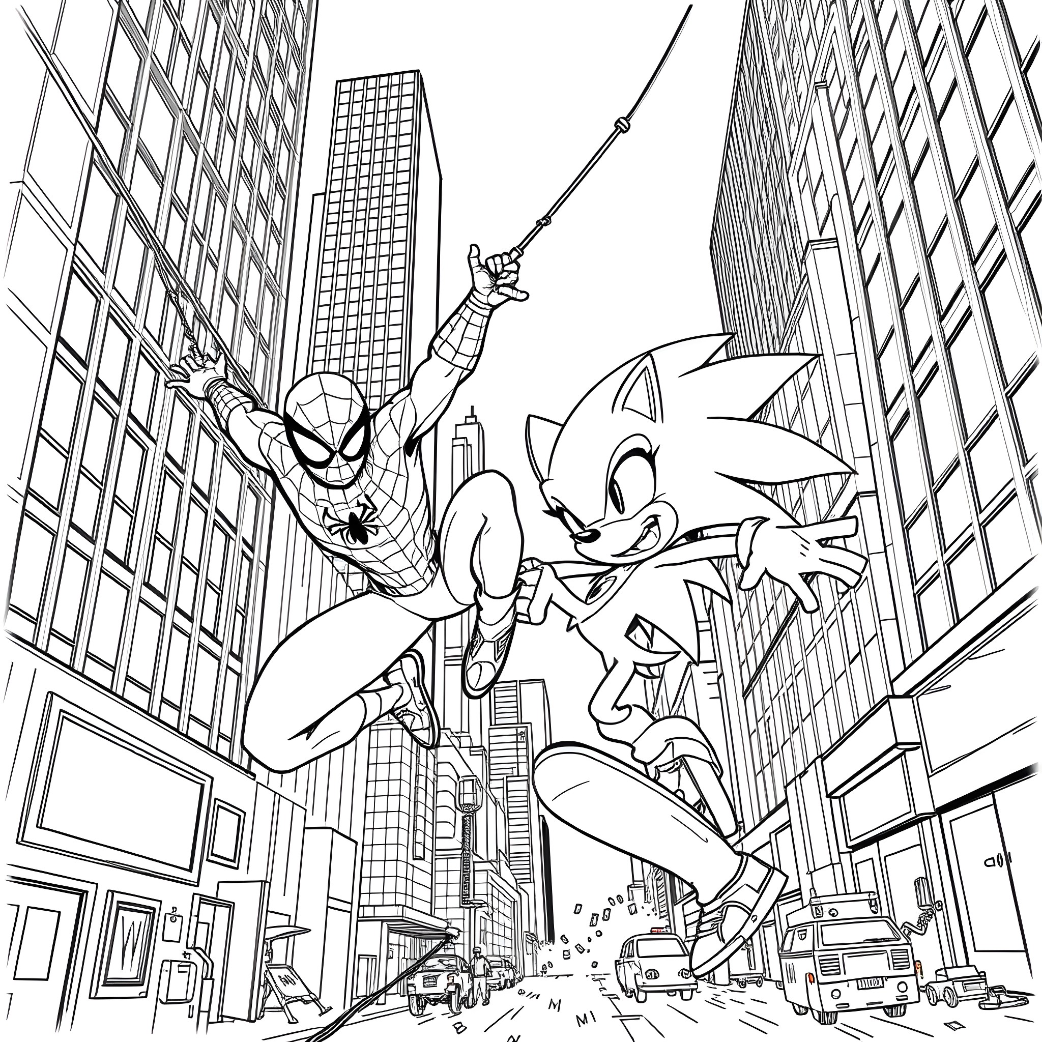 Spiderman and Sonic the Hedgehog racing through the city Coloring Page (free black-and-white line drawing printable PDF for all, from beginners to advanced learners, including children, teens, adults, and seniors)