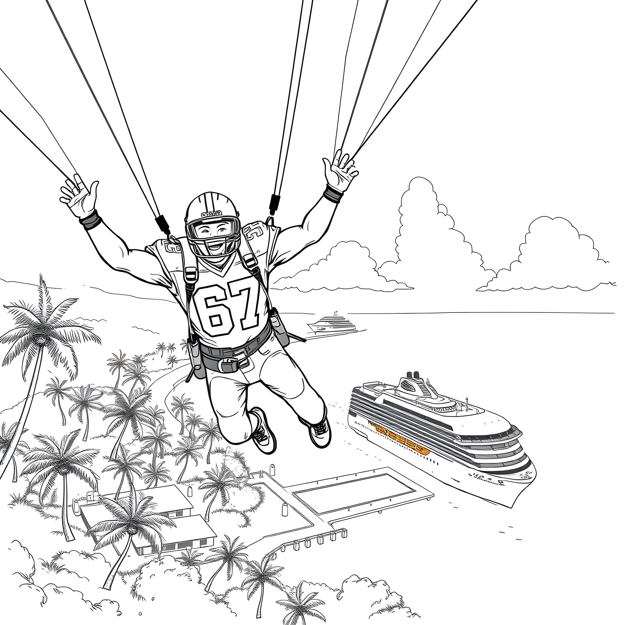 Football Player Skydiving over Tropical Island with Cruise Ship Coloring Page (free black-and-white line drawing printable PDF for all, from beginners to advanced learners, including children, teens, adults, and seniors)