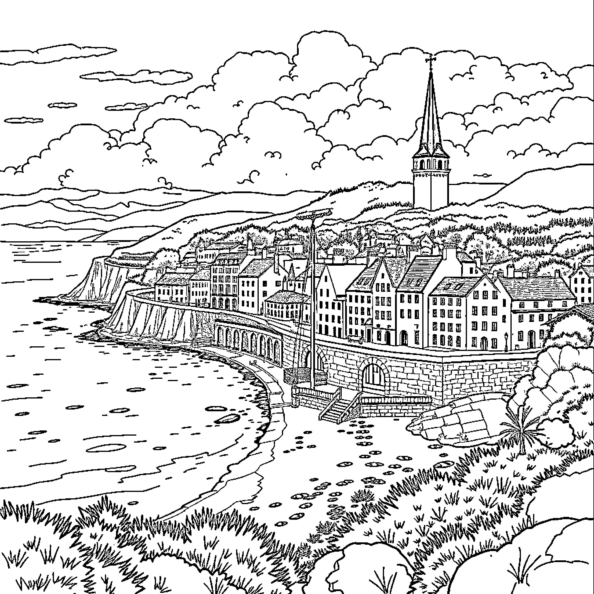Montrose cityscape with riverfront and steepled church Coloring Page (free black-and-white line drawing printable PDF for all, from beginners to advanced learners, including children, teens, adults, and seniors)