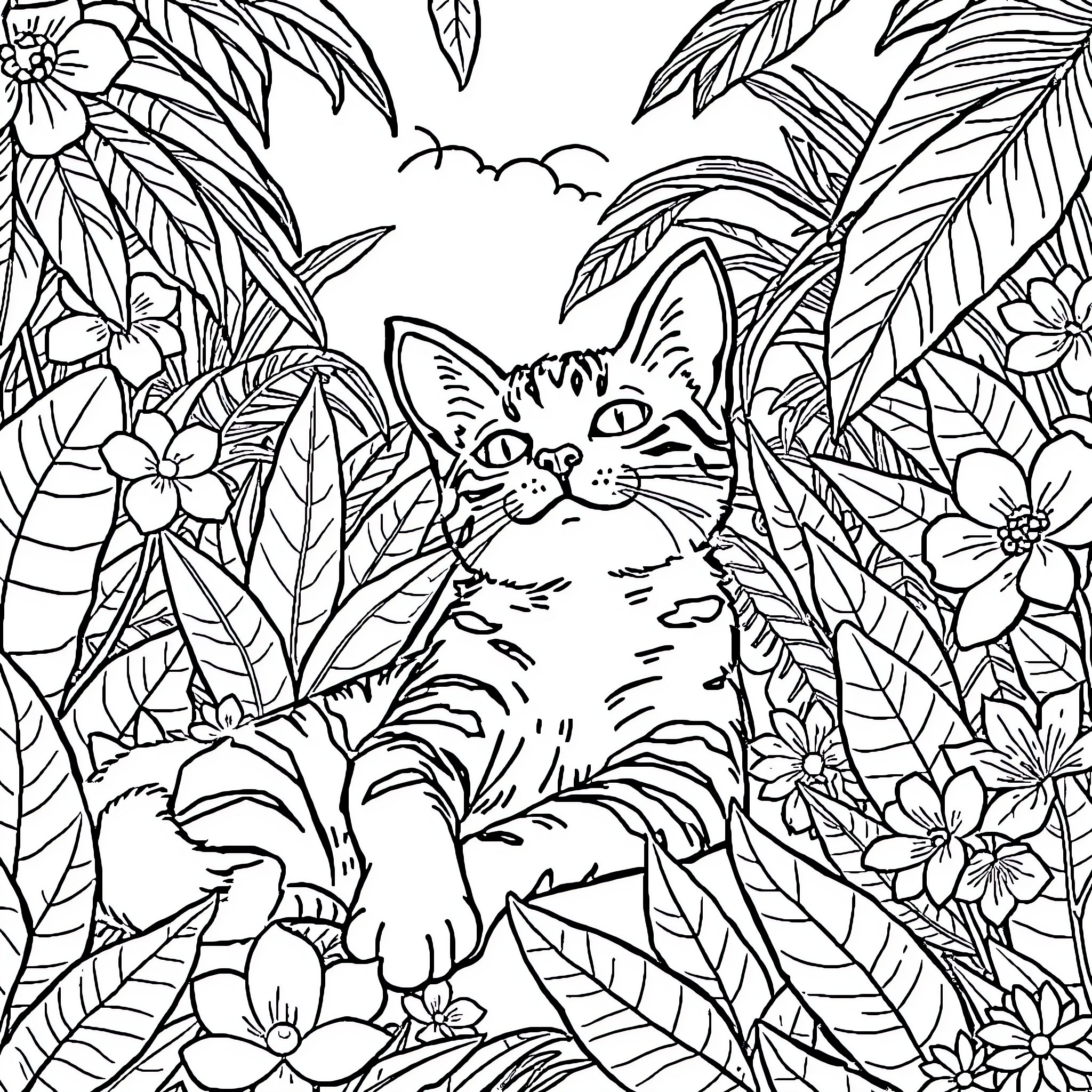 Cat exploring the lush tropical jungle Coloring Page (free black-and-white line drawing printable PDF for all, from beginners to advanced learners, including children, teens, adults, and seniors)