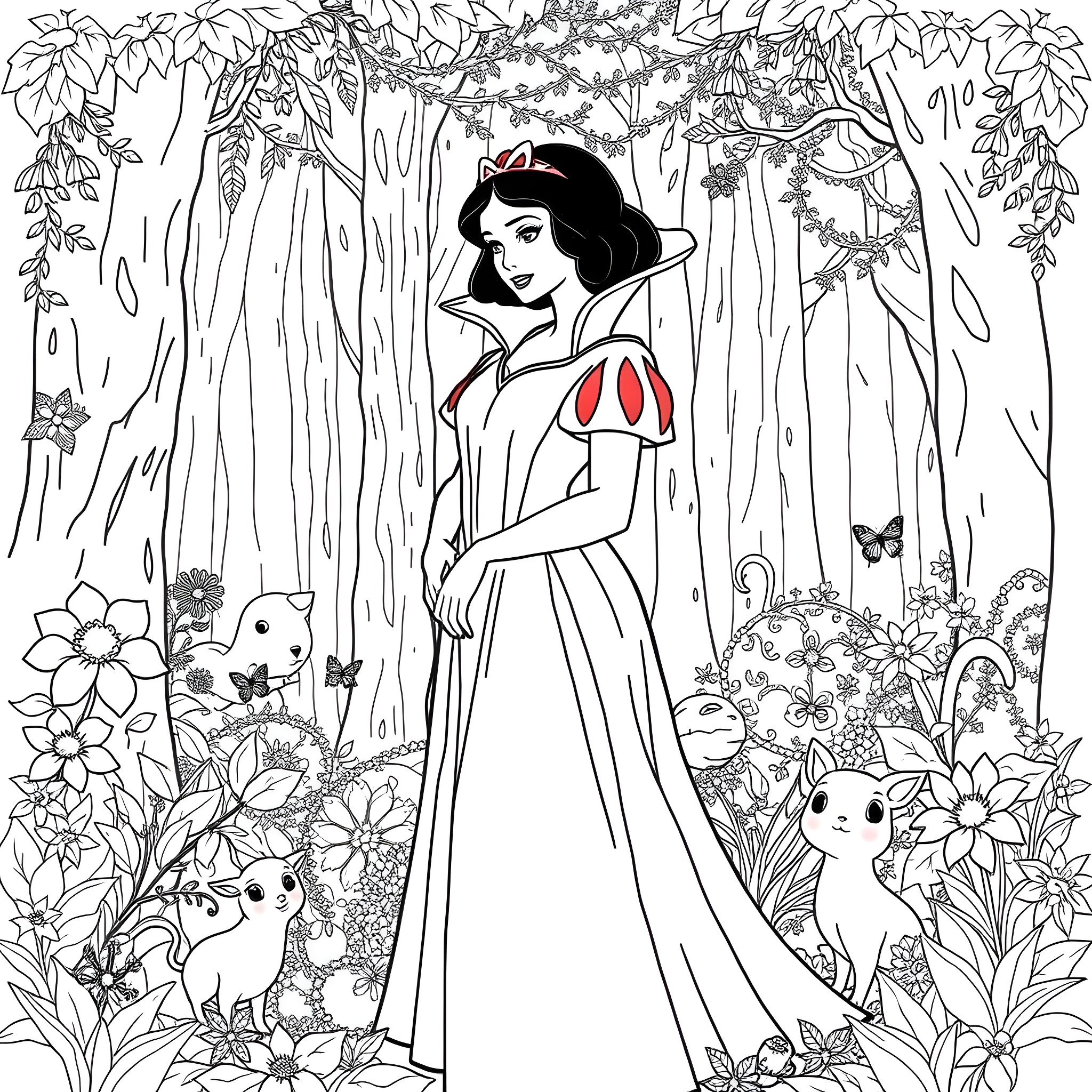 Snow White in a Magical Forest Surrounded by Animals Coloring Page (free black-and-white line drawing printable PDF for all, from beginners to advanced learners, including children, teens, adults, and seniors)