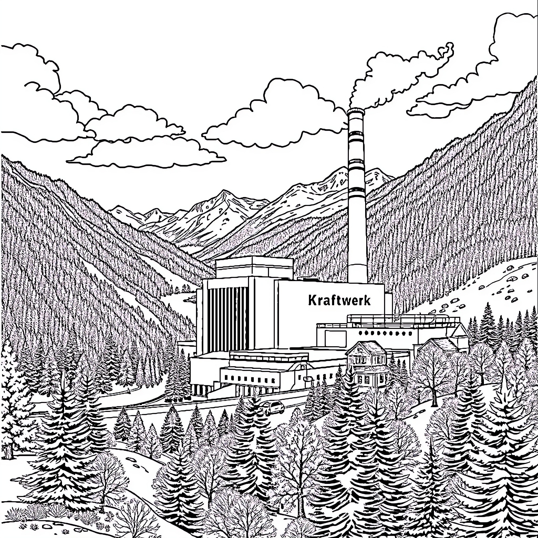 Kraftwerk in the Wintry Mountain Landscape Coloring Page (free black-and-white line drawing printable PDF for all, from beginners to advanced learners, including children, teens, adults, and seniors)