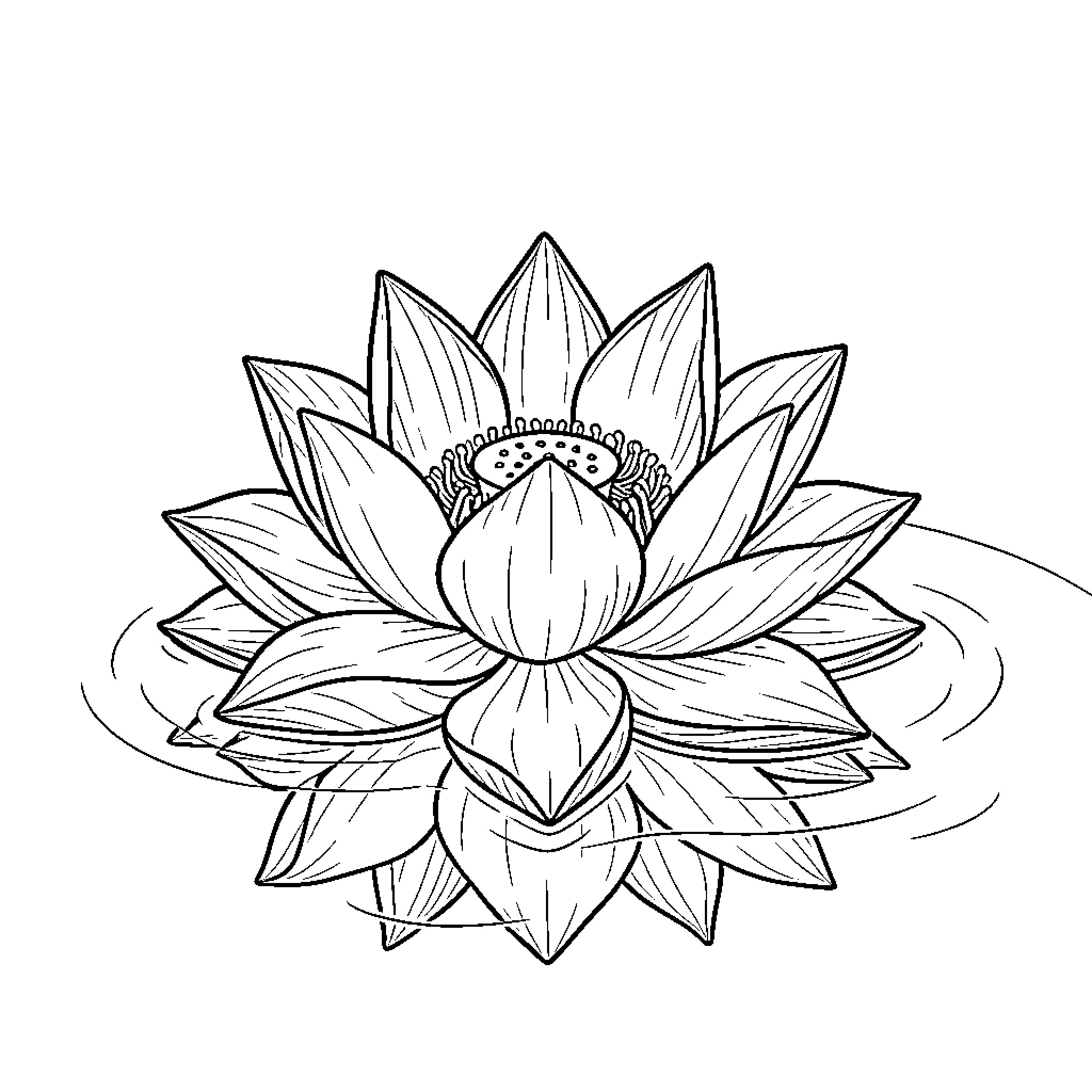 Lotus flower blooming gracefully on calm water Coloring Page (free black-and-white line drawing printable PDF for all, from beginners to advanced learners, including children, teens, adults, and seniors)