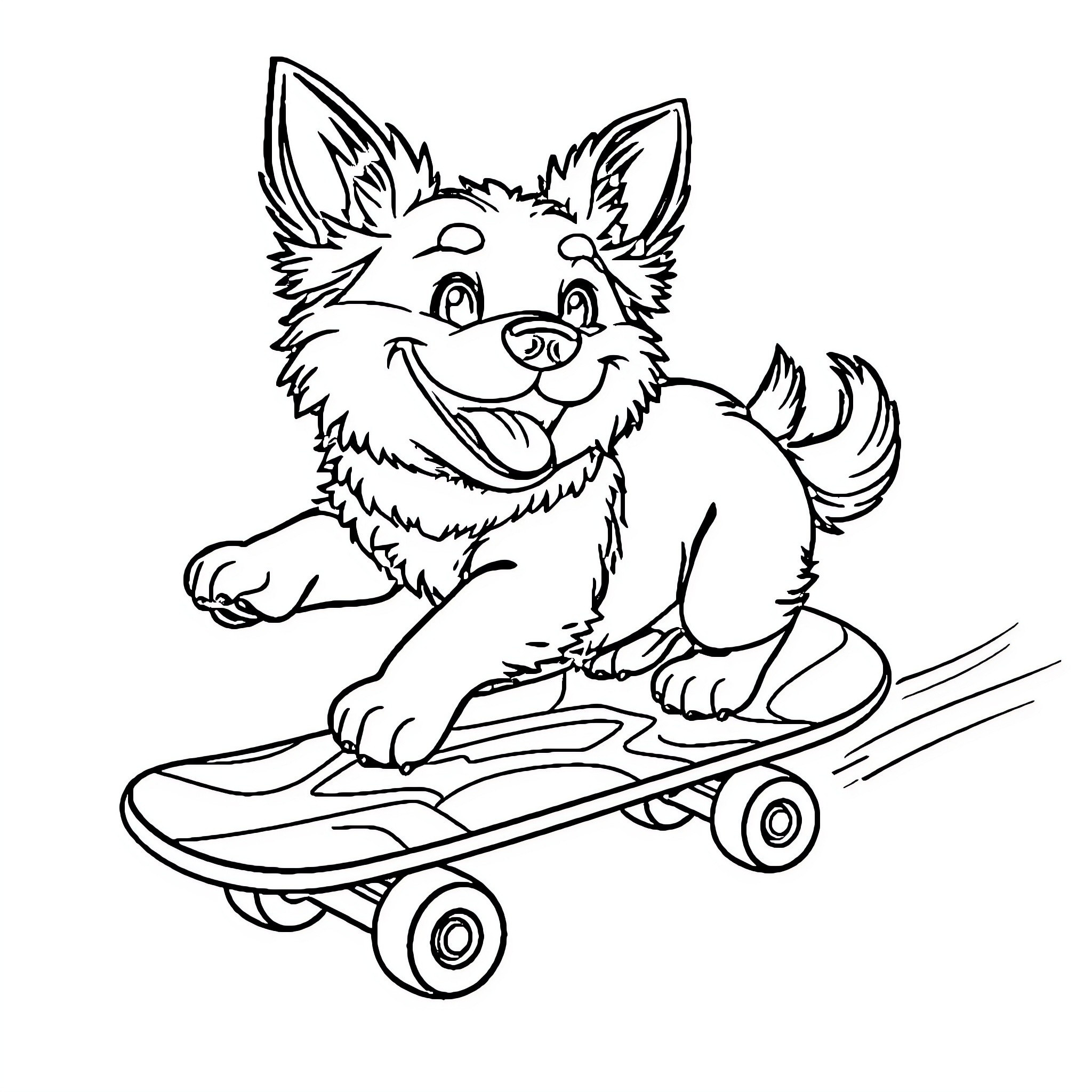 Dog riding a skateboard Coloring Page (free black-and-white line drawing printable PDF for all, from beginners to advanced learners, including children, teens, adults, and seniors)