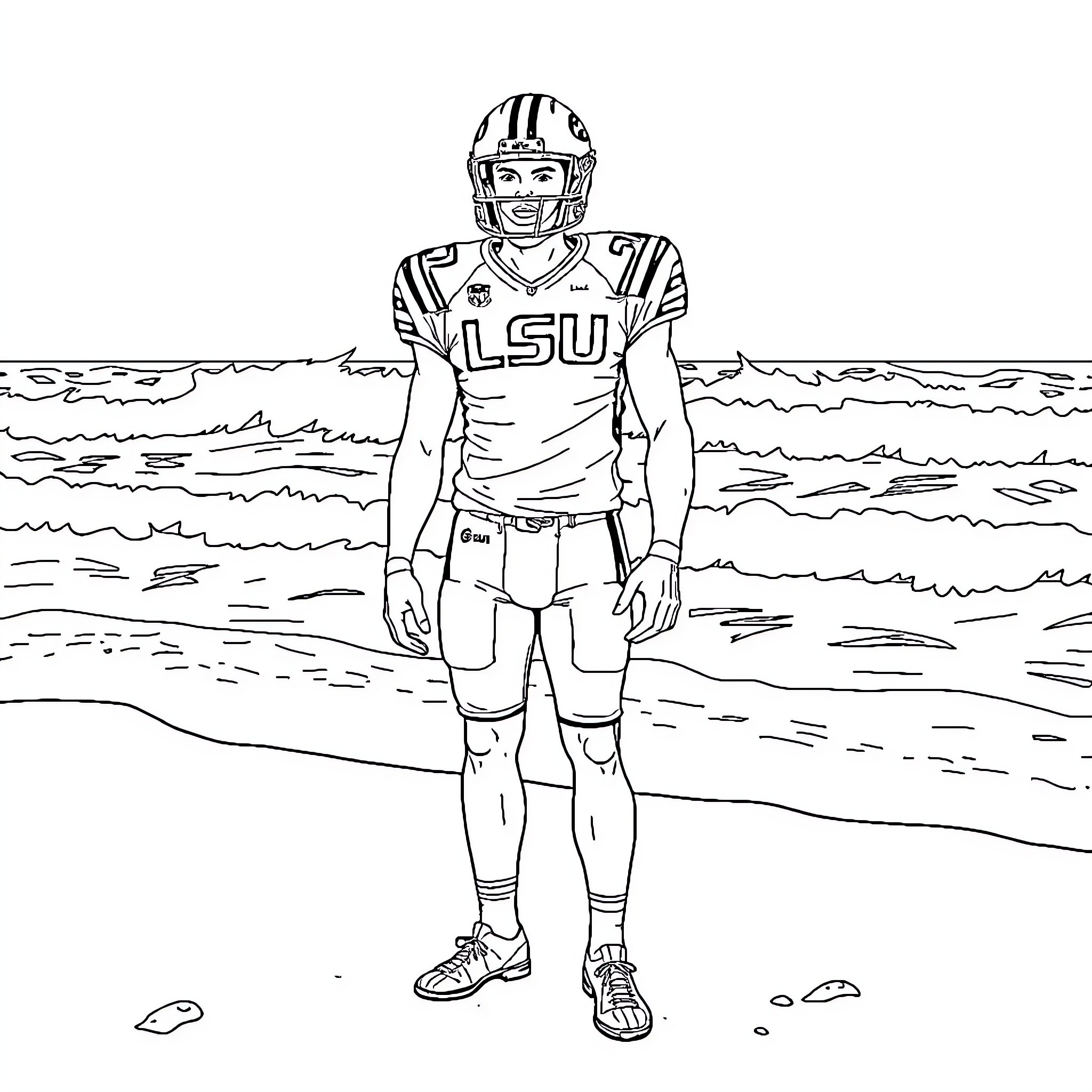 Football Player Standing on the Beach Coloring Page (free black-and-white line drawing printable PDF for all, from beginners to advanced learners, including children, teens, adults, and seniors)