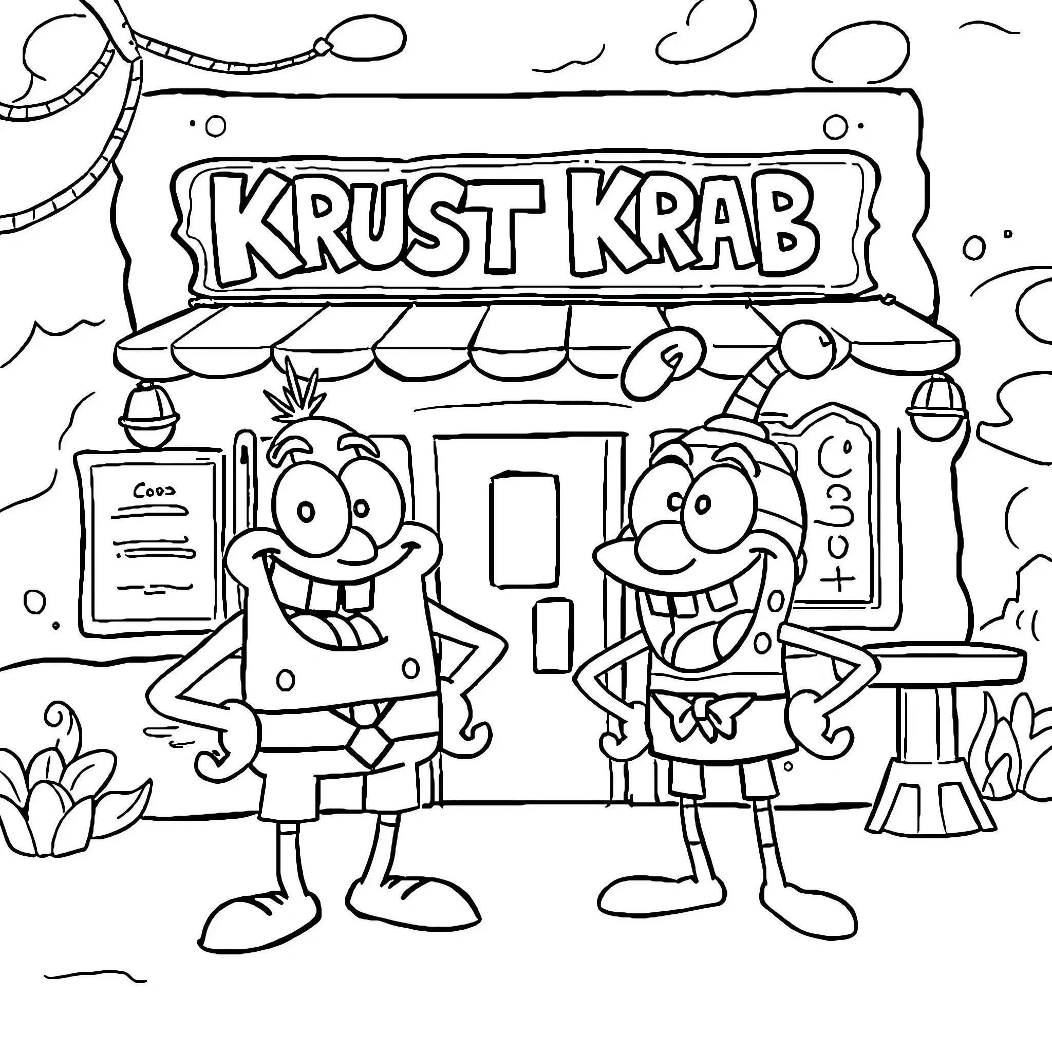 Mr. Krabs and Spongebob at the Krust Krab restaurant Coloring Page (free black-and-white line drawing printable PDF for all, from beginners to advanced learners, including children, teens, adults, and seniors)