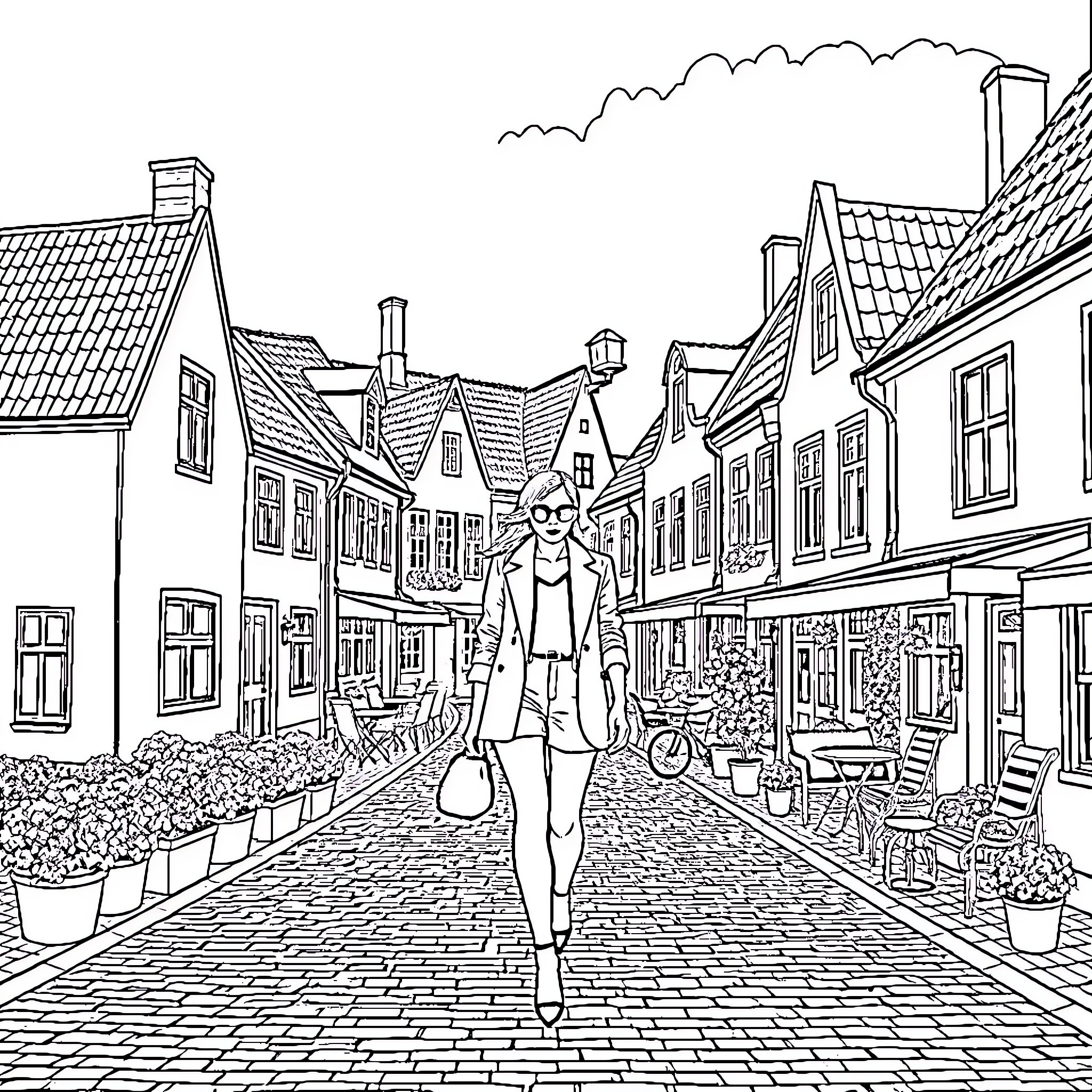 Fashion Model Strolling Through a Quaint European Town Coloring Page (free black-and-white line drawing printable PDF for all, from beginners to advanced learners, including children, teens, adults, and seniors)
