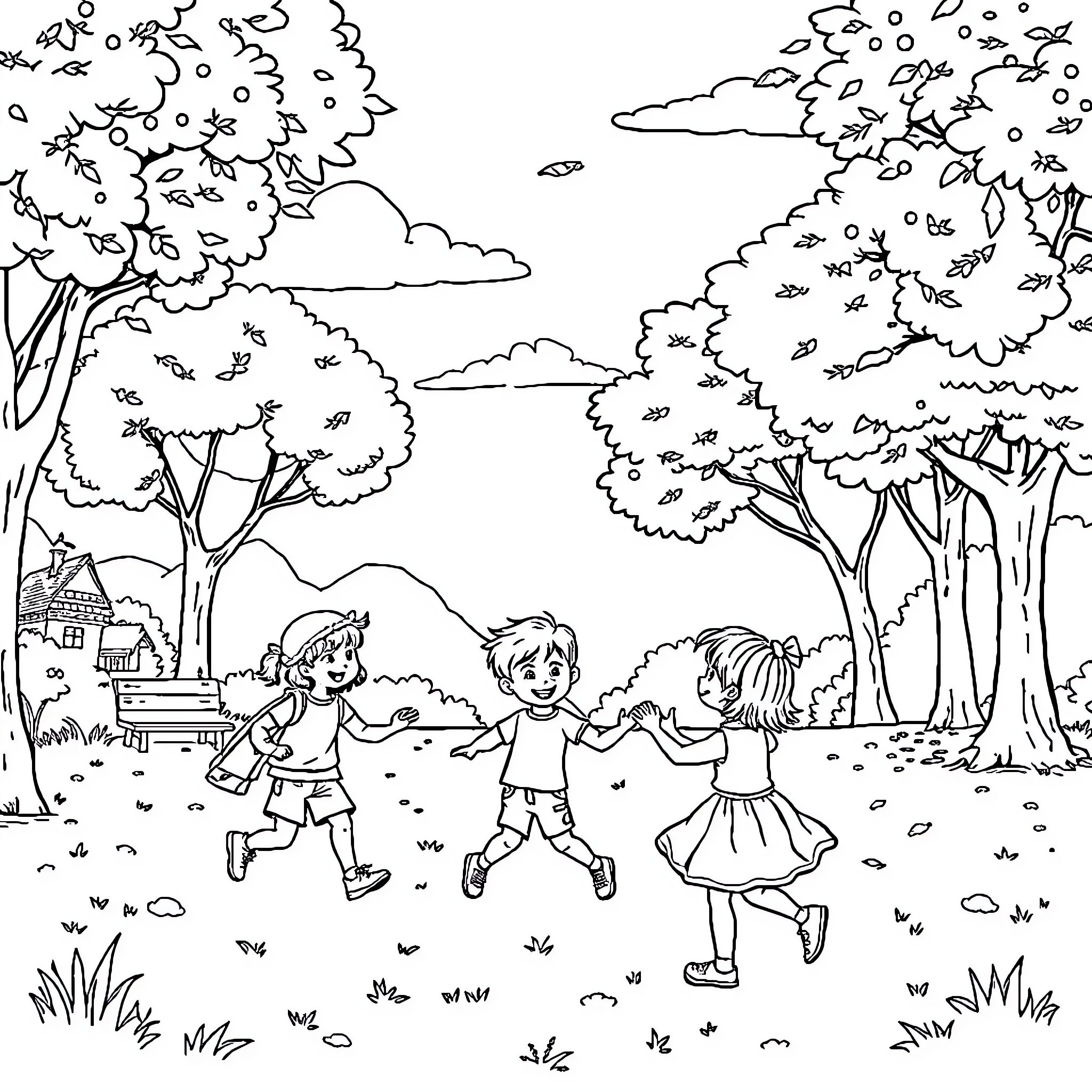 Kid playing joyfully in the park with friends Coloring Page (free black-and-white line drawing printable PDF for all, from beginners to advanced learners, including children, teens, adults, and seniors)