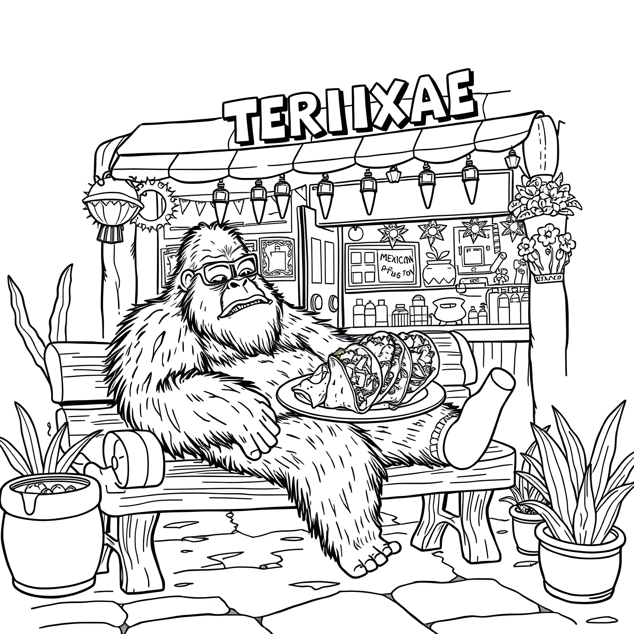 Bigfoot relaxing at the Mexican restaurant Coloring Page (free black-and-white line drawing printable PDF for all, from beginners to advanced learners, including children, teens, adults, and seniors)
