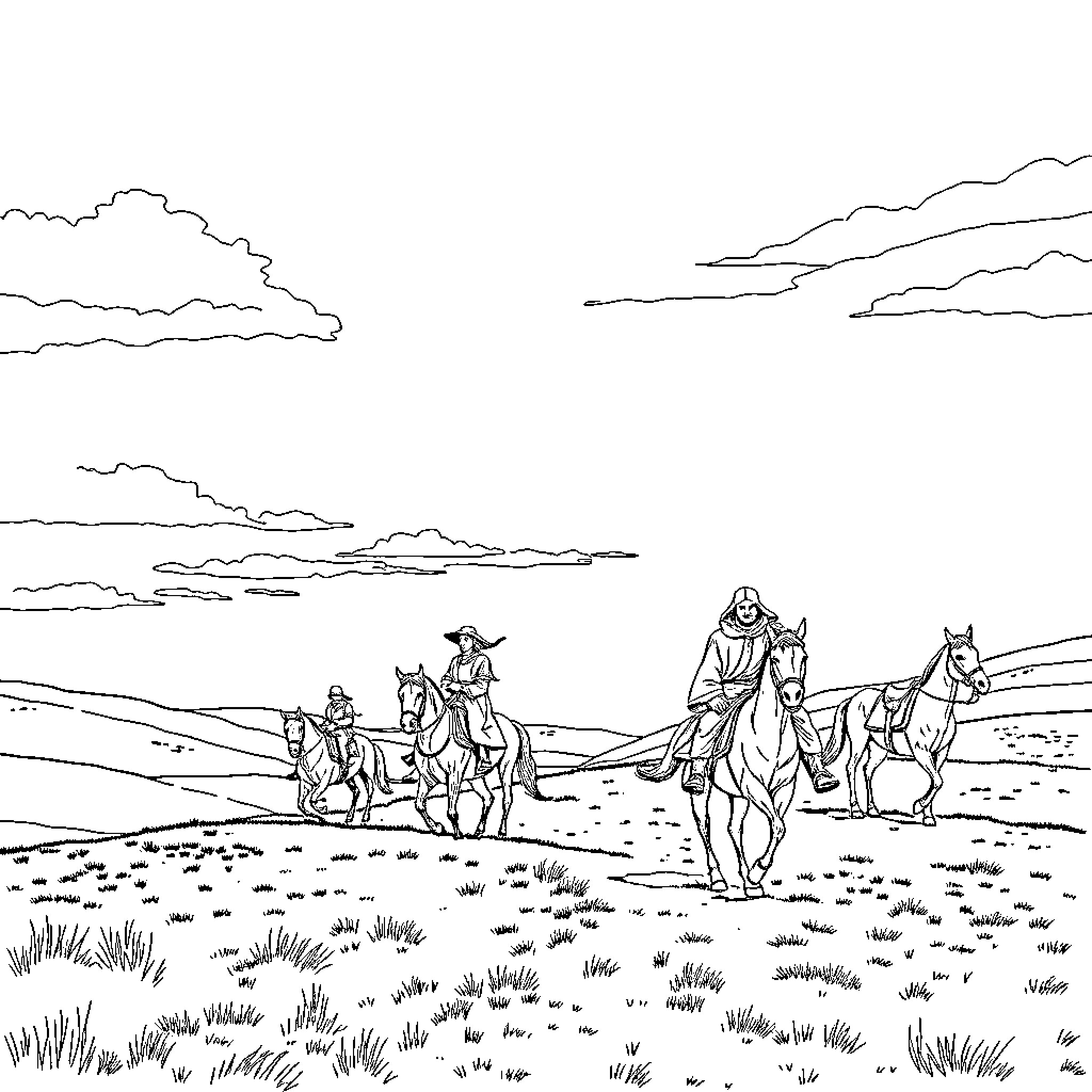 Characters journeying across the vast landscape Coloring Page (free black-and-white line drawing printable PDF for all, from beginners to advanced learners, including children, teens, adults, and seniors)