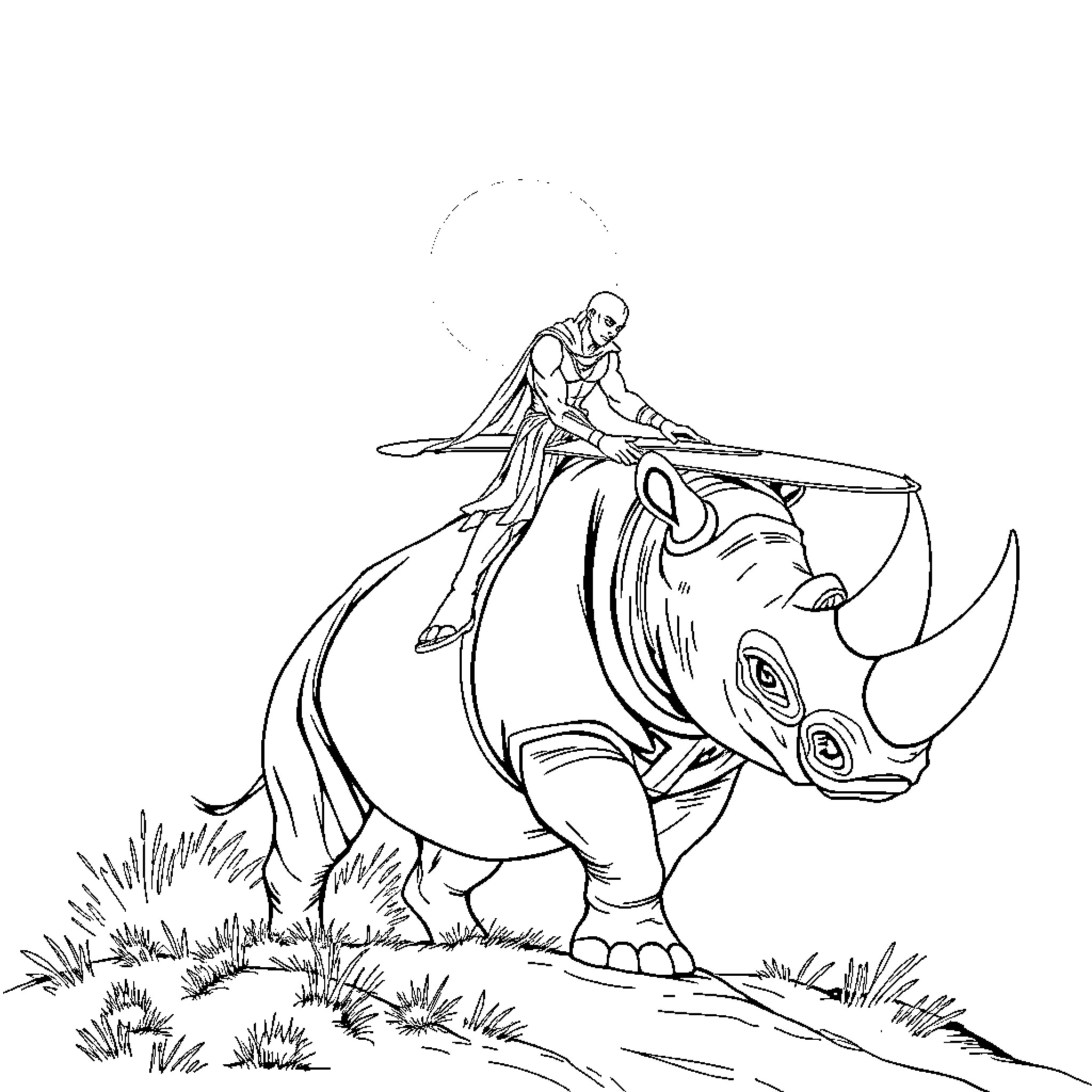Silver Surfer rides a mighty rhinoceros Coloring Page (free black-and-white line drawing printable PDF for all, from beginners to advanced learners, including children, teens, adults, and seniors)