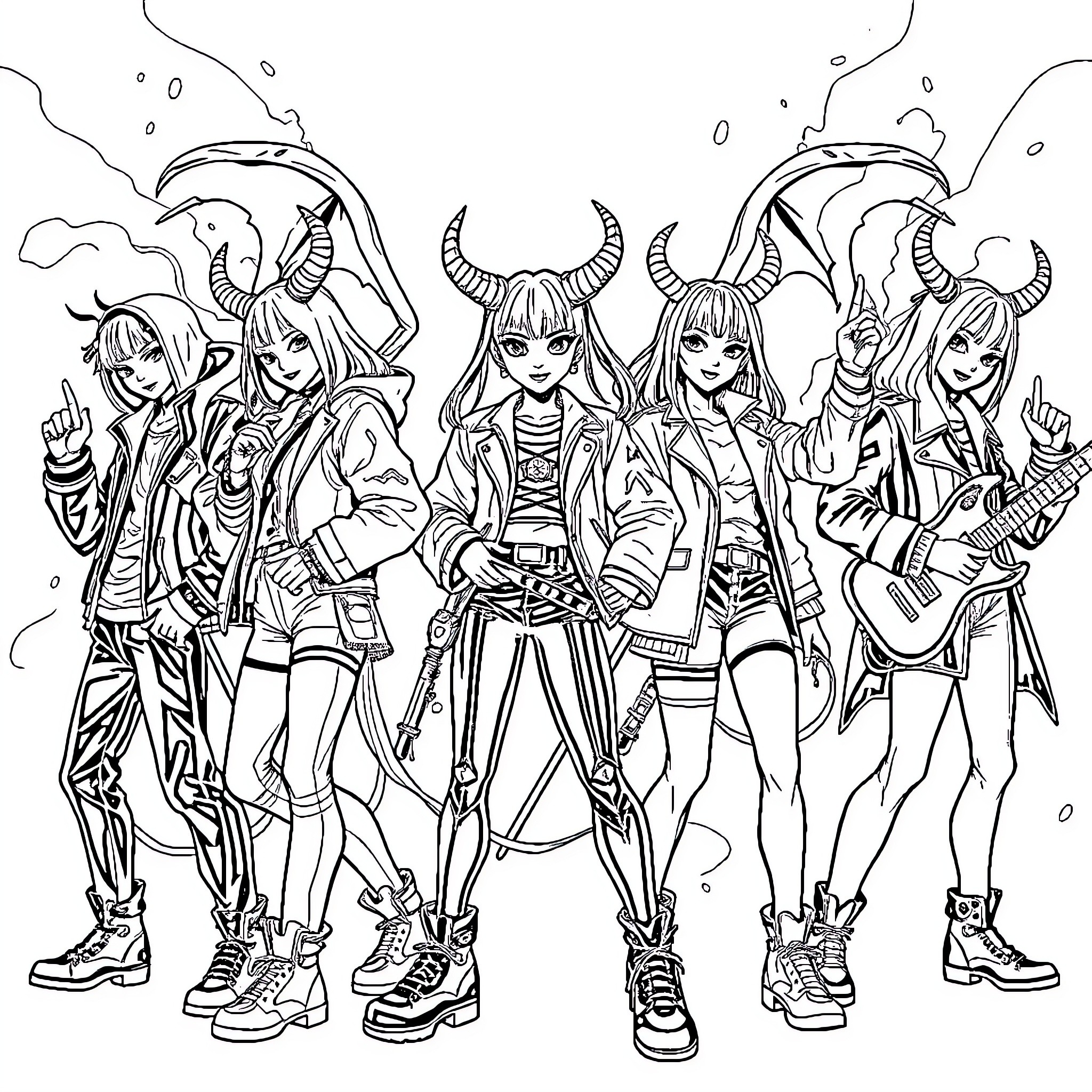 Kpop Demon Hunter Squad in Action Coloring Page (free black-and-white line drawing printable PDF for all, from beginners to advanced learners, including children, teens, adults, and seniors)