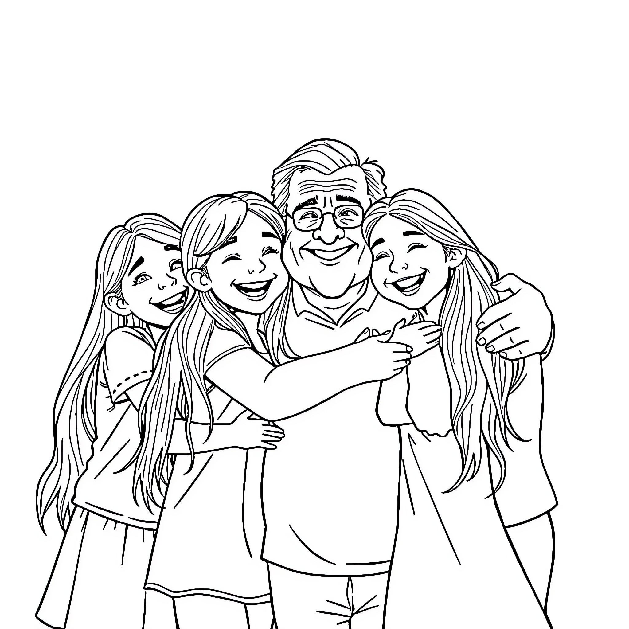 Child with family members sharing a joyful moment Coloring Page (free black-and-white line drawing printable PDF for all, from beginners to advanced learners, including children, teens, adults, and seniors)