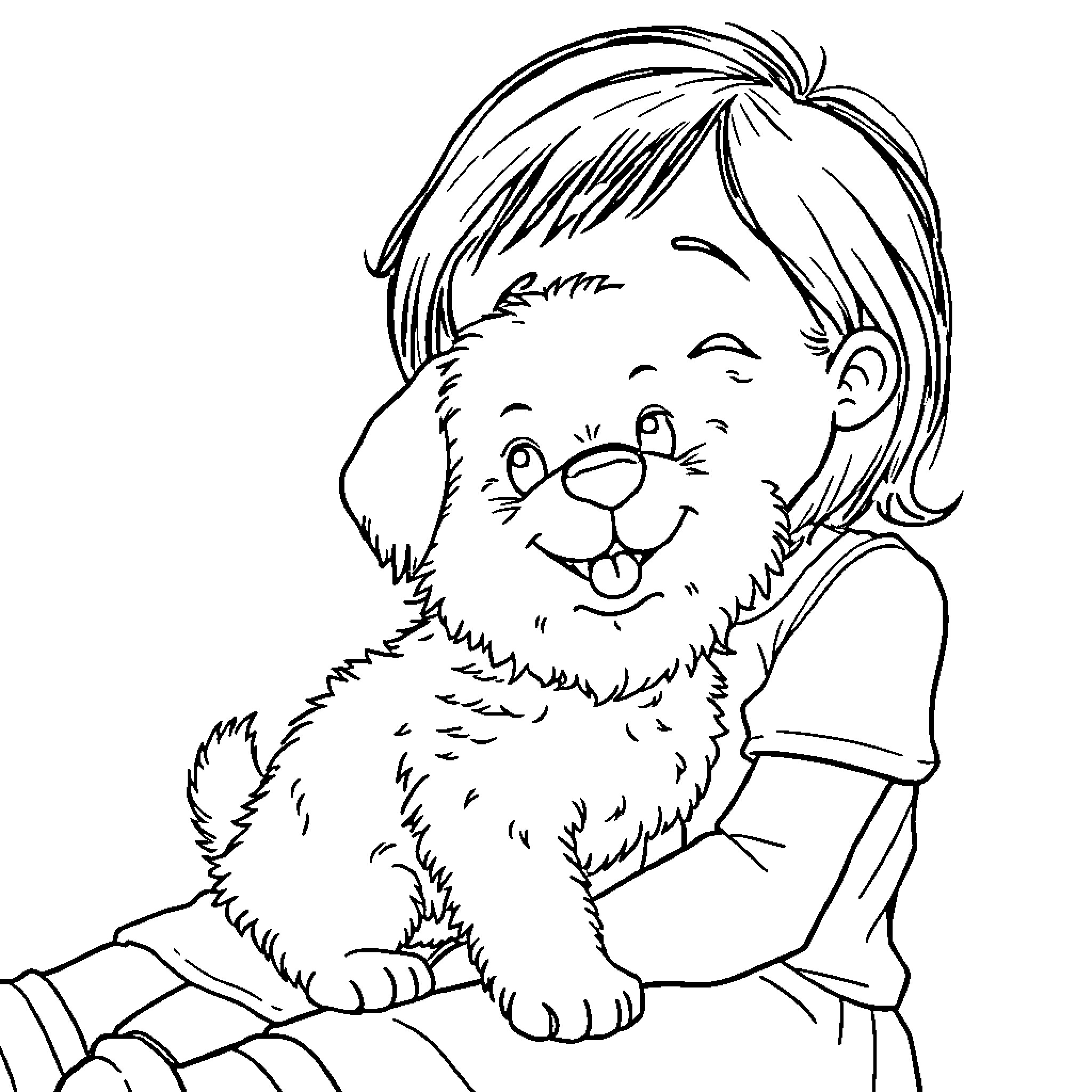 Dog cuddling happily with child Coloring Page (free black-and-white line drawing printable PDF for all, from beginners to advanced learners, including children, teens, adults, and seniors)