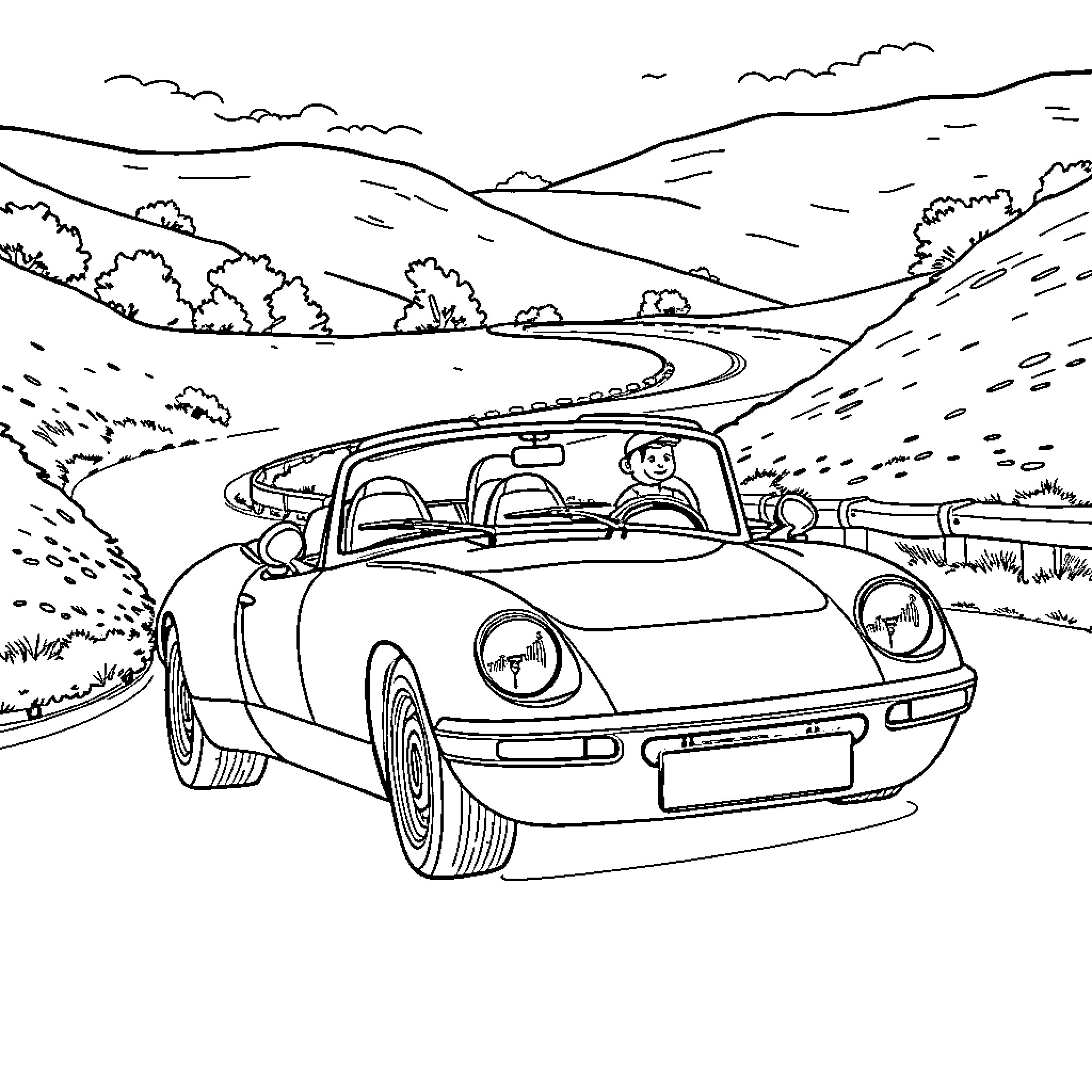 Eunos enjoying a scenic road trip in the countryside Coloring Page (free black-and-white line drawing printable PDF for all, from beginners to advanced learners, including children, teens, adults, and seniors)