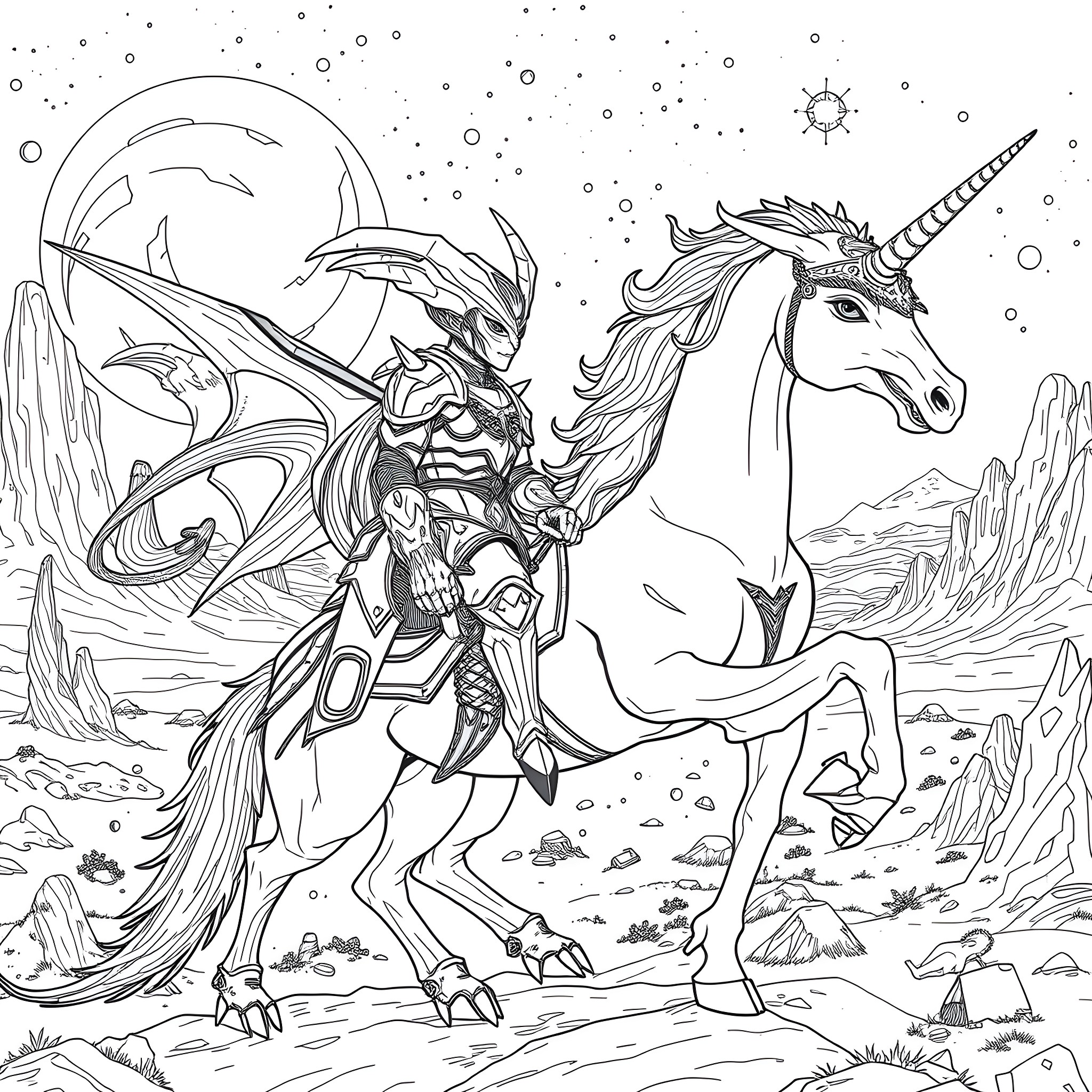 Tyranid Warrior Riding Majestic Alien Unicorn Coloring Page (free black-and-white line drawing printable PDF for all, from beginners to advanced learners, including children, teens, adults, and seniors)
