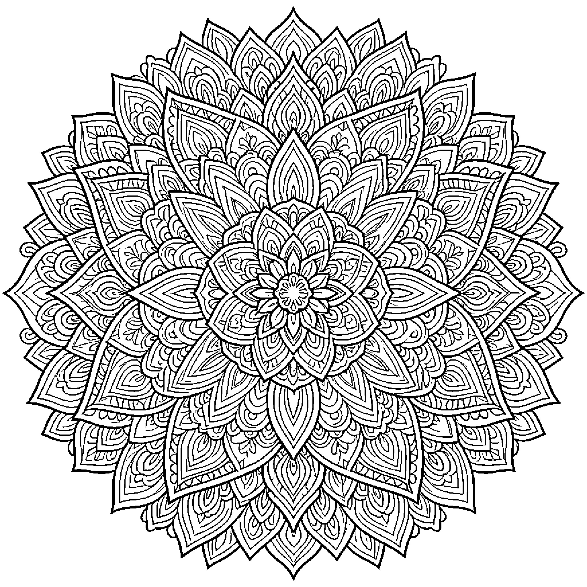 Mandala with intricate symmetrical floral patterns and petals Coloring Page (free black-and-white line drawing printable PDF for all, from beginners to advanced learners, including children, teens, adults, and seniors)