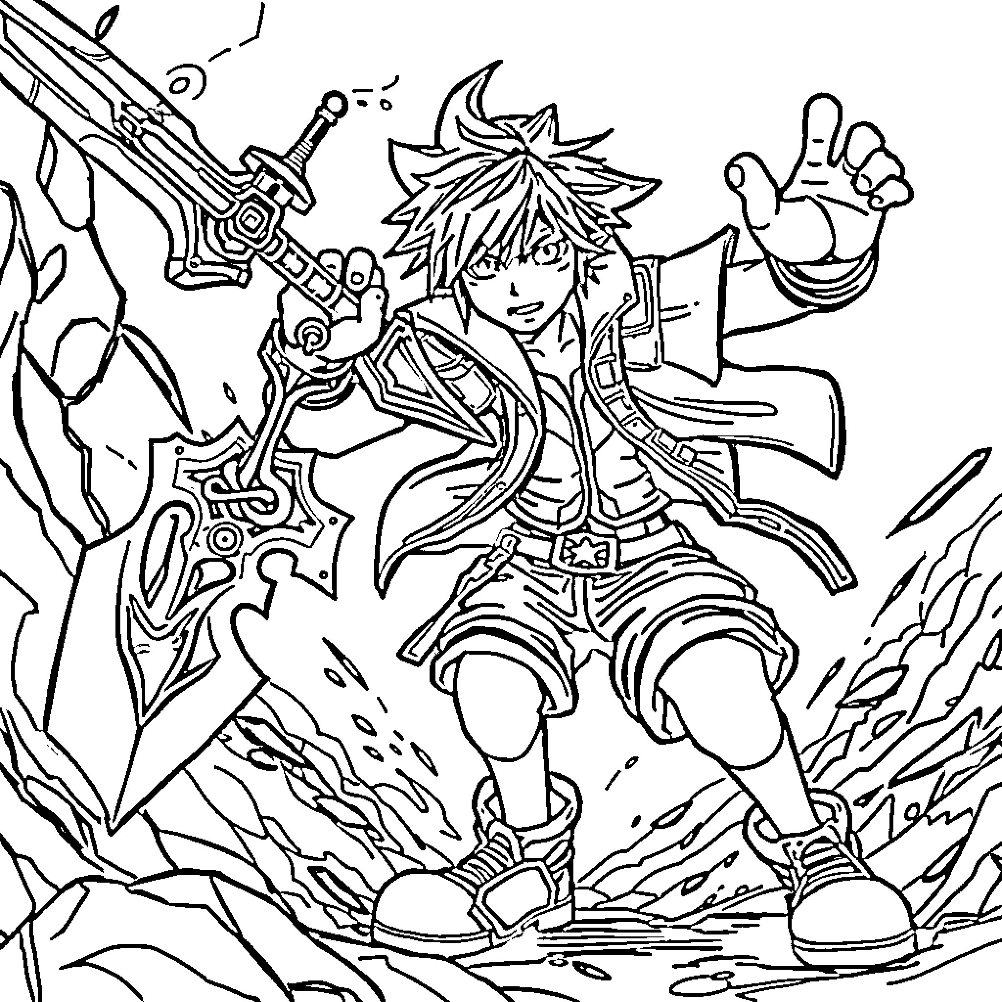 Sora's Heroic Adventure with Majestic Weapon Coloring Page (free black-and-white line drawing printable PDF for all, from beginners to advanced learners, including children, teens, adults, and seniors)