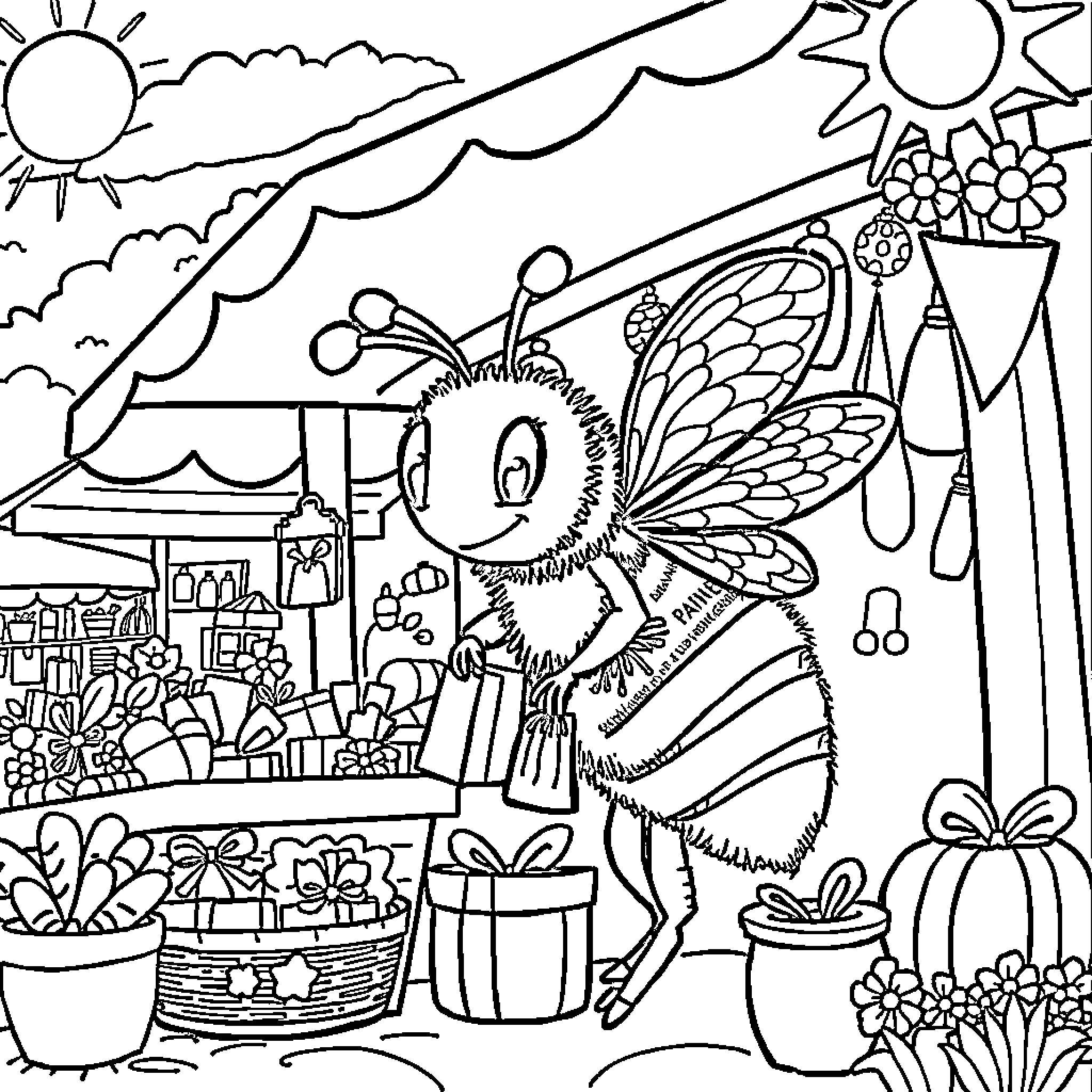 Bee enjoying the outdoors at a market Coloring Page (free black-and-white line drawing printable PDF for all, from beginners to advanced learners, including children, teens, adults, and seniors)