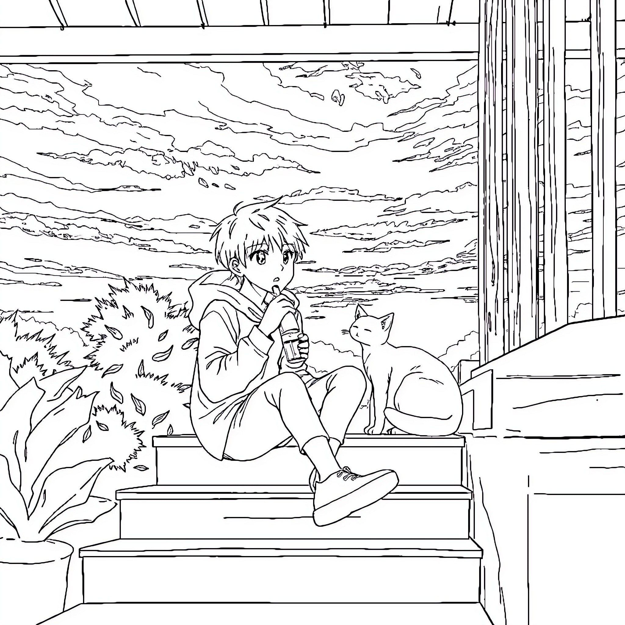 Anime Boy Sitting Alone and Pensive Outdoors with Cat Coloring Page (free black-and-white line drawing printable PDF for all, from beginners to advanced learners, including children, teens, adults, and seniors)