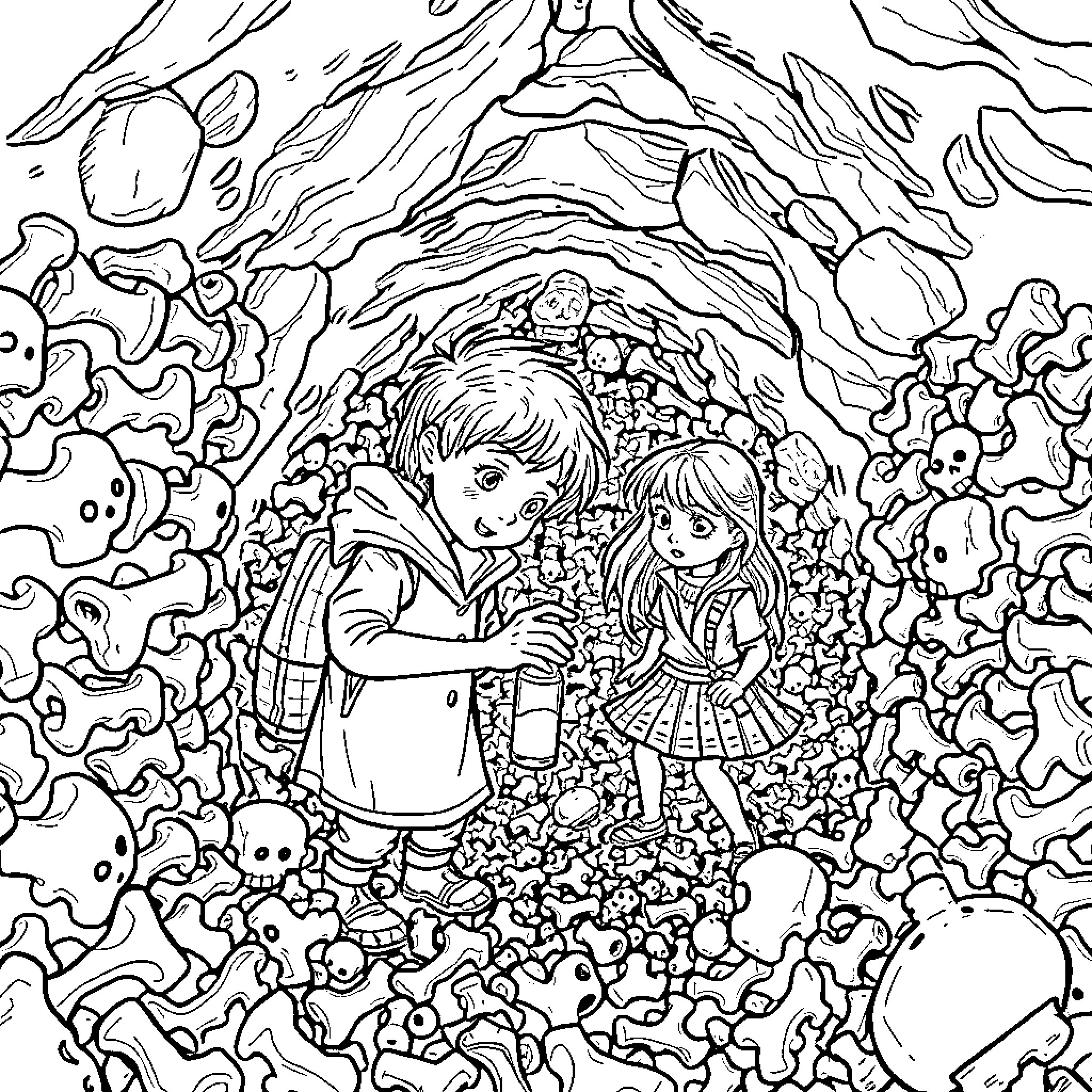 Child exploring a whimsical, fantastical world Coloring Page (free black-and-white line drawing printable PDF for all, from beginners to advanced learners, including children, teens, adults, and seniors)