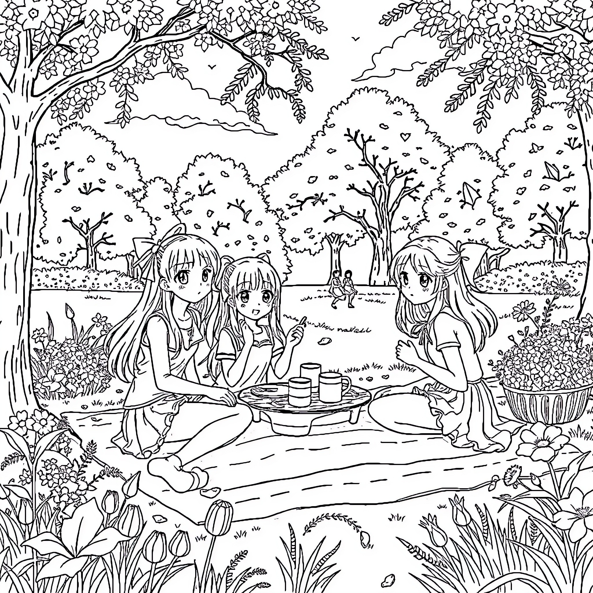 Manga Girls Enjoying a Picnic in the Park Coloring Page (free black-and-white line drawing printable PDF for all, from beginners to advanced learners, including children, teens, adults, and seniors)