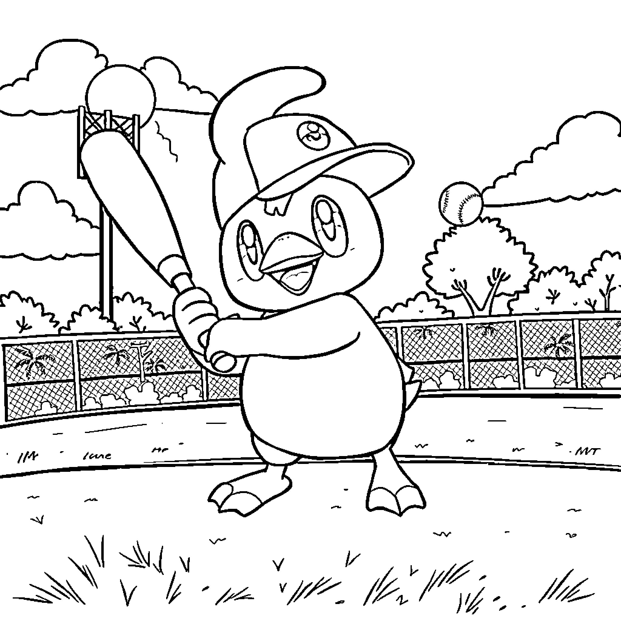 Piplup playing baseball in the park Coloring Page (free black-and-white line drawing printable PDF for all, from beginners to advanced learners, including children, teens, adults, and seniors)
